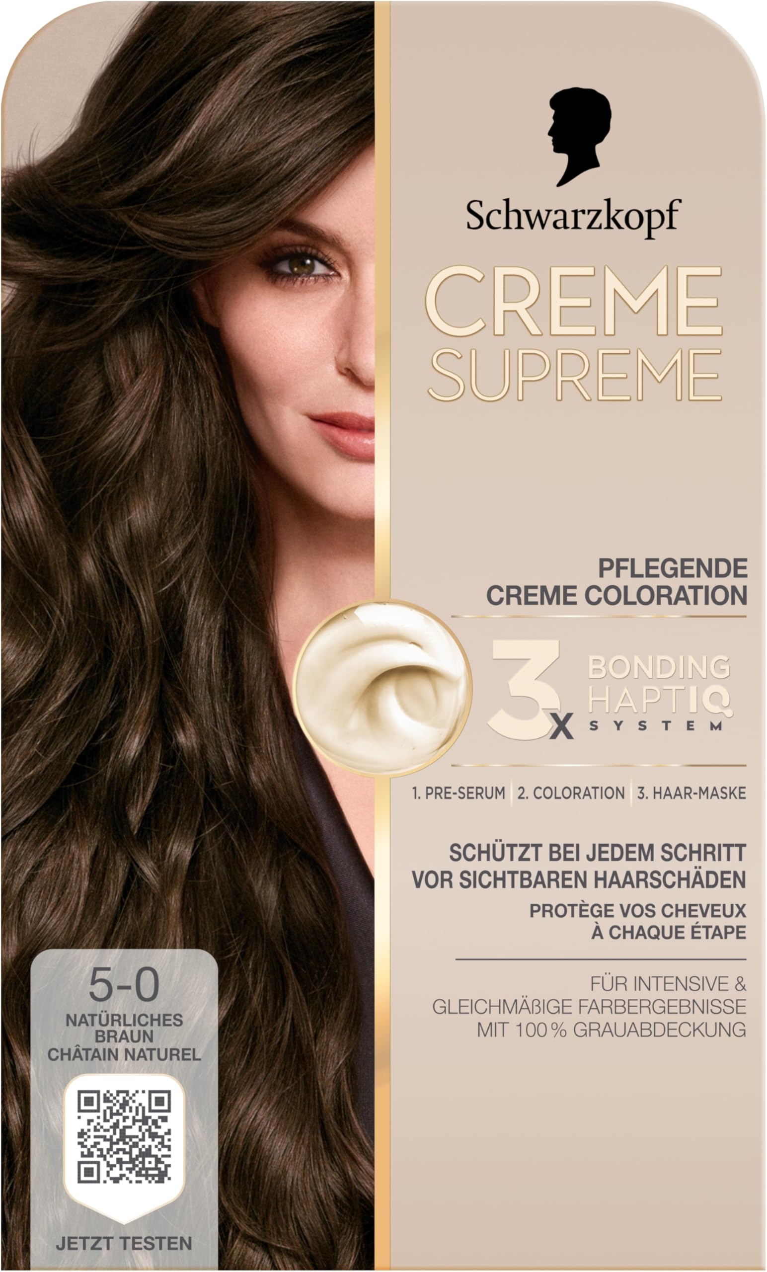 Schwarzkopf Creme Supreme Coloration 5-0 Natürliches Braun (4x 182 ml), dauerhafte Haarfarbe mit Serum und Haar-Maske schützt vor sichtbaren Haarschäden, für 100% Grauabdeckung