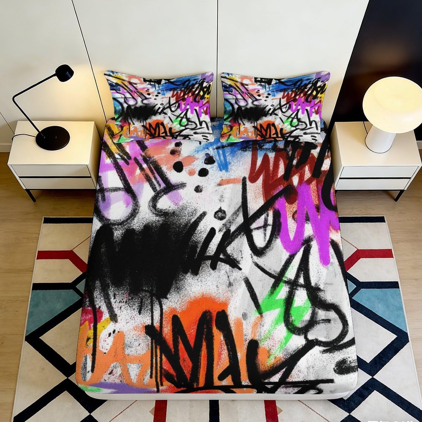 3D Printed Colorful Graffiti Fitted Sheet Microfiber Soft Breathable Urban Art Mattress Cover for Bedroom Dormitory Guest Room Protection Decor 140x200x25cm