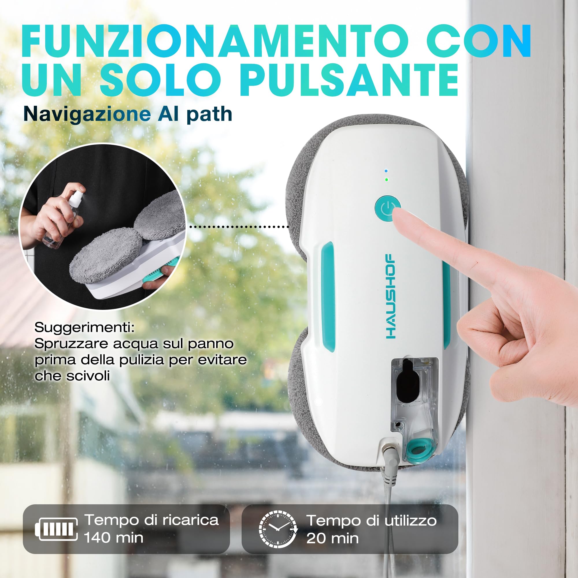 HAUSHOF Robot lavavetri 3800Pa telecomandato, Robot per pulire finestre spruzzo d'acqua automatico, pianificazione del percorso AI e rilevamento dei bordi di grattacieli, porte di vetro