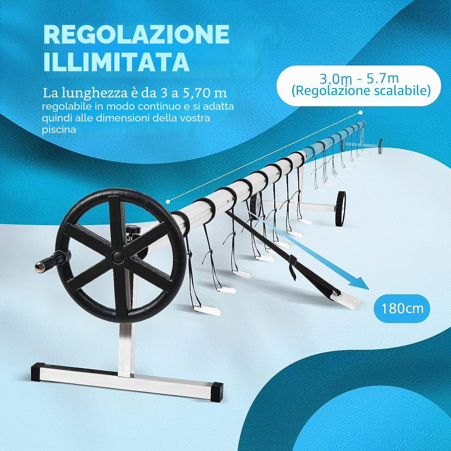 Aufun Avvolgitore per piscina Premium, sistema di avvolgimento in alluminio, 3 m – 5,70 m, con fissaggio e rulli, per teloni e coperture solari e piscine, avvolgitore per piscina fuori terra (3 m