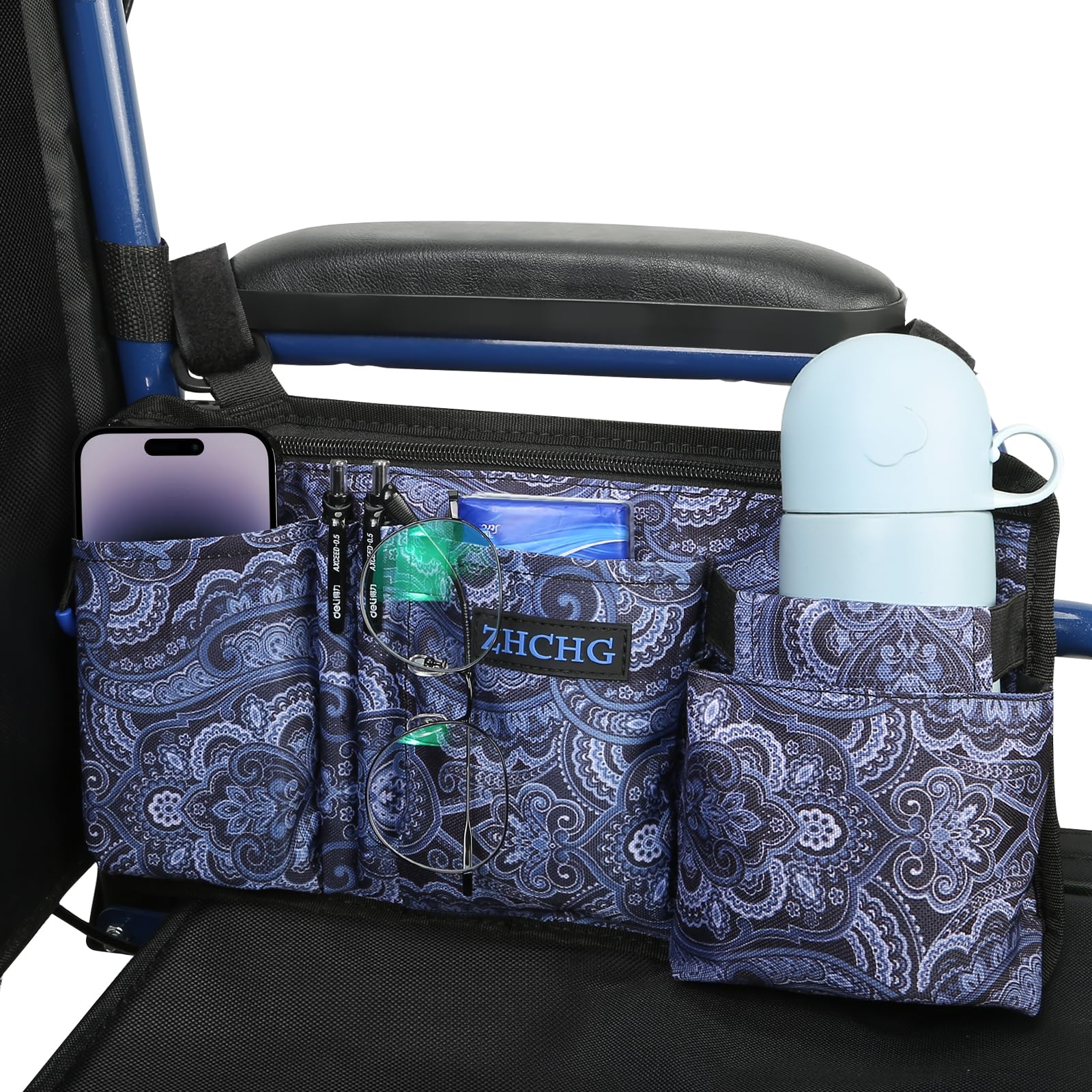 ZHCHG Wheelchair Side Bag with Cup Holder, Wheelchair Armrest Pouch Accessories for Walker, Rollator, Electric Scooter Wheelchairs, Ideal Gift for