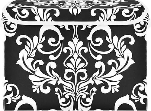Cesta de almacenamiento con diseño floral barroco de damasco negro con tapas y asa, cubo de almacenamiento grande plegable para estantes, armario,