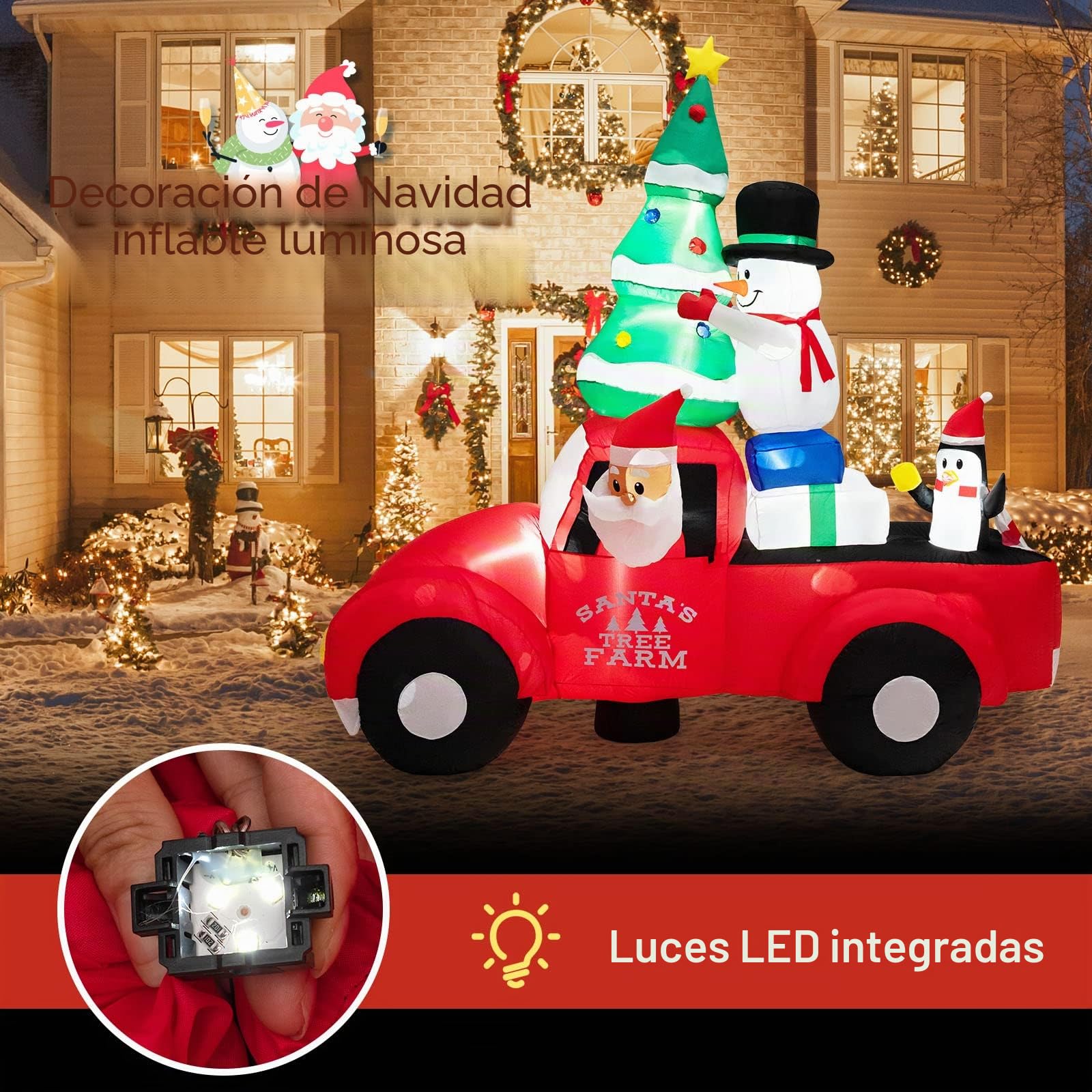 GOPLUS Papá Noel Inflable Conduce un Coche de 220 cm, Decoración de Navidad Inflable Exterior con Árbol de Navidad, Muñeco de Nieve y Pingüino, Decoración Navideña con Luces LED y Soplador Incorporado