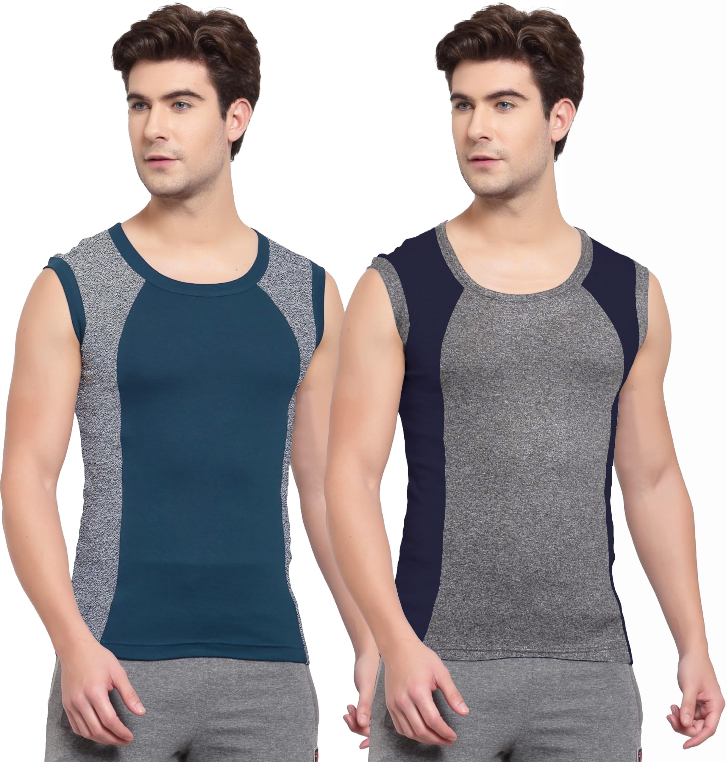 sporto Men's Cotton Multicolour Square Neck Sleeveless Gym Vest - Pack of 2 (#1051)-picture-29