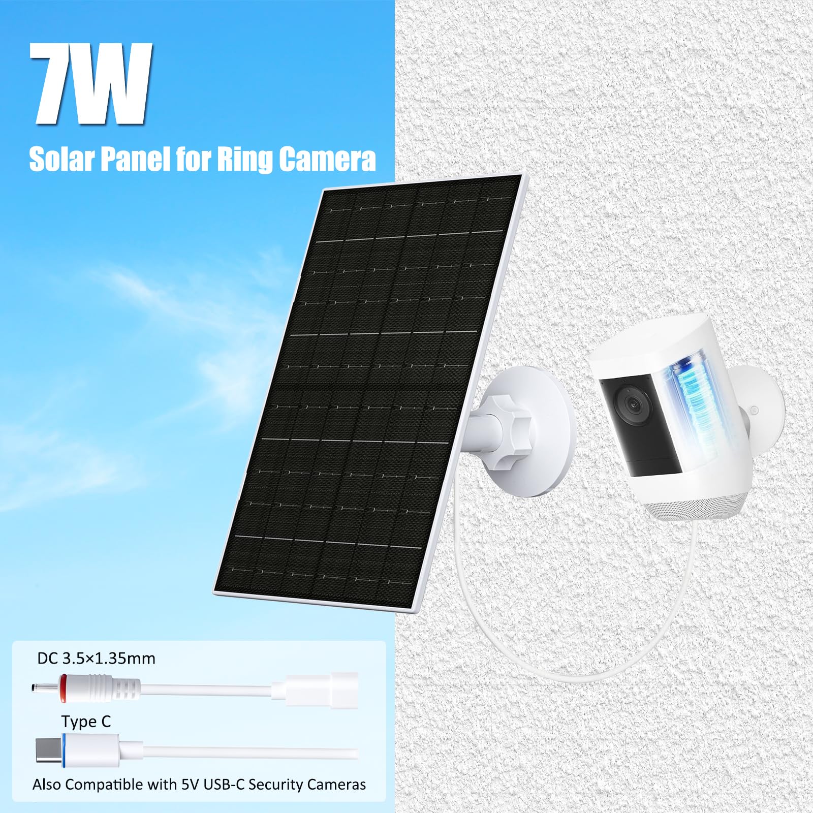 Panel słoneczny 7 W do kamery pierścieniowej, ładowarka solarna z portami USB-C i 3,5 mm do serii Ring Stick Up i Spotlight Cam, wodoodporność IP66, regulowany uchwyt 360°, kabel do ładowania