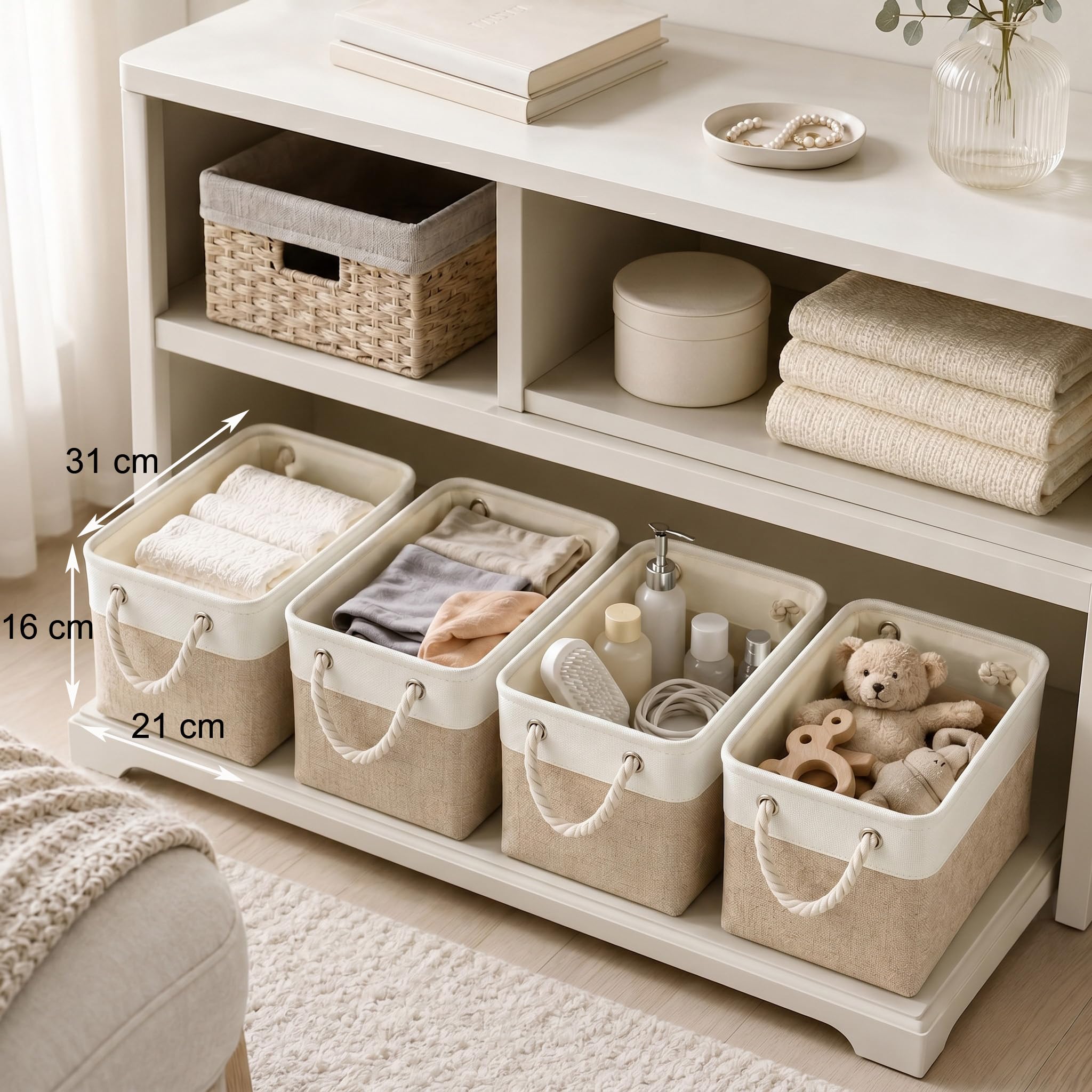 Mangata Caja de Almacenamiento Ropa, cestas de almacenaje Tela, Plegable Cajas organizadoras para Juguetes, armarios (Pequeña, Caqui Blanco)