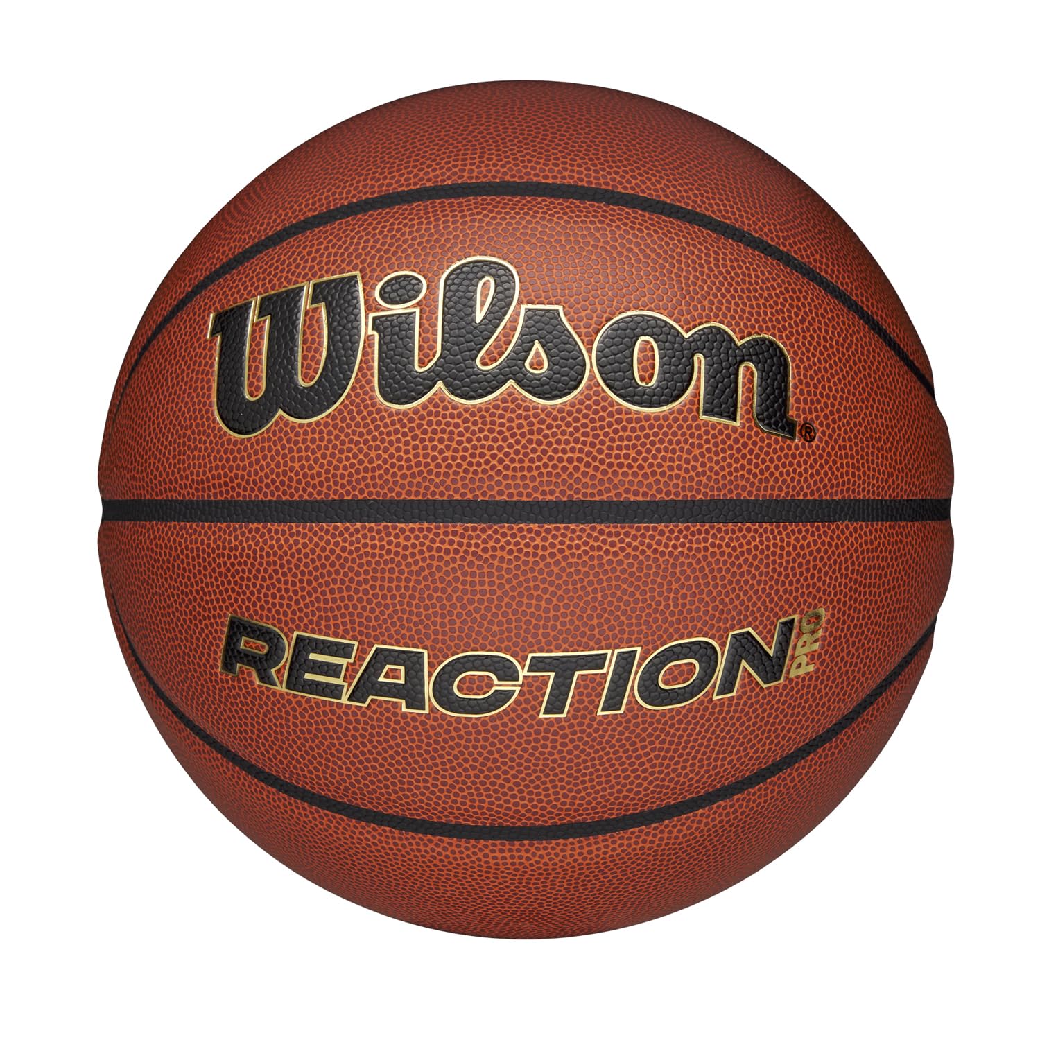 Wilson Balón de Baloncesto Reaction Pro, Hecho de Materiales Compuestos Duraderos, Tecnología VLC, Cuero Sintético, Color Marrón y Dorado, Tamaño 6