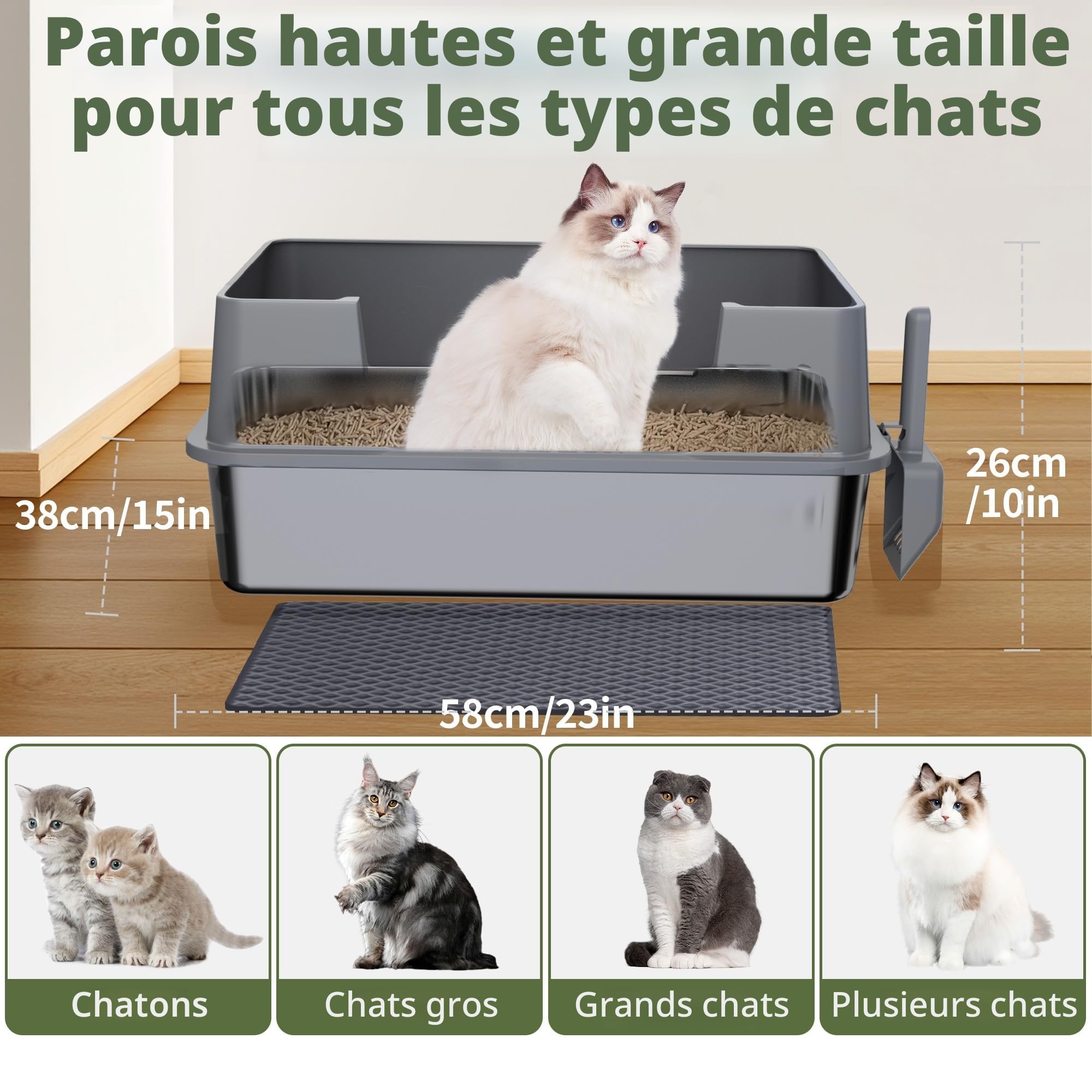Gimars XXL Bac à Litière Chat en INOX 35L, Grande Capacité Anti-Fuite à Bords Hauts avec Entrée Latérale, Réduit Les Odeurs et Facile à Nettoyer, pour Grands Chats et Foyers Multi-Chats, 58×38×26 cm