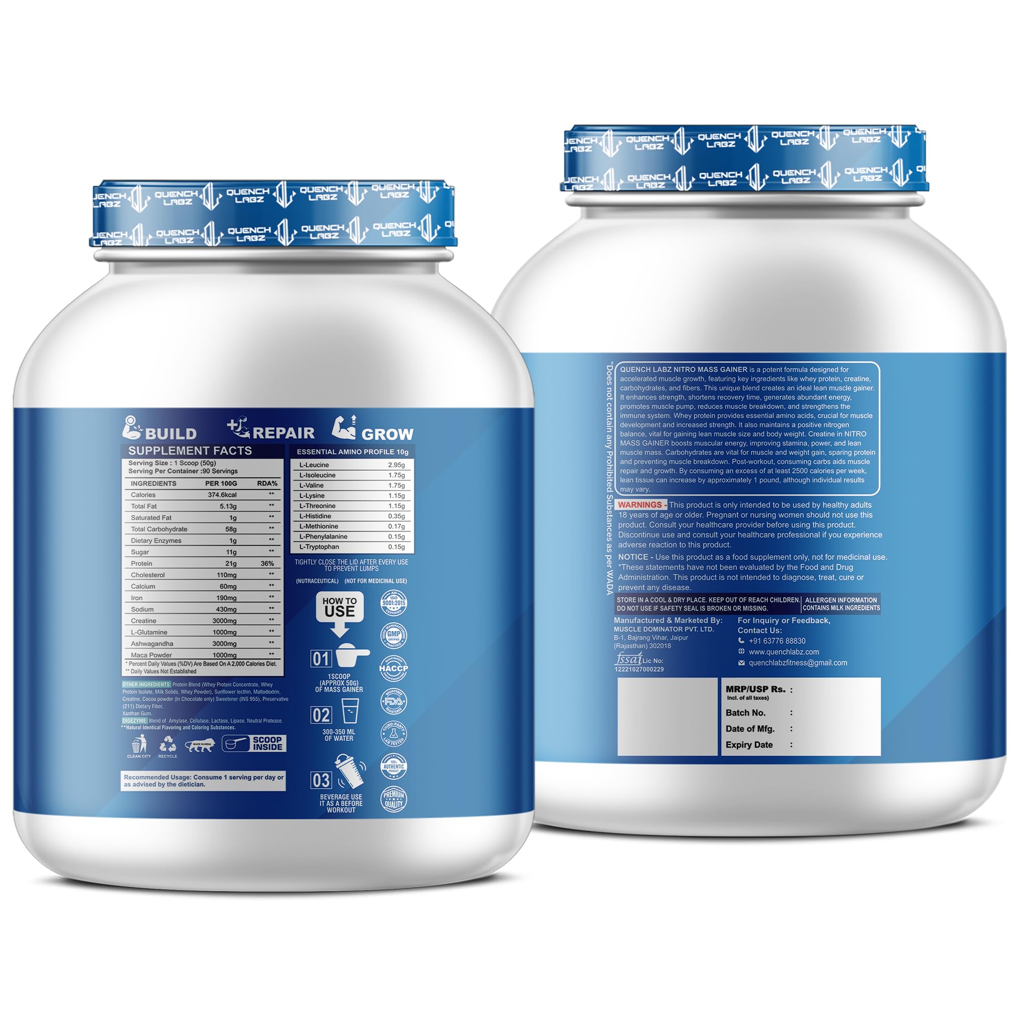 QUENCHLABZ NITRO MASS GAINER 4.5KG Chocolate | 21g Protein, 3g Ashwagandha, 374 Calories | High-Calorie Protein Powder for Weight Gain & Muscle Growth | Creatine & Digestive Enzymes — Amazon image 9