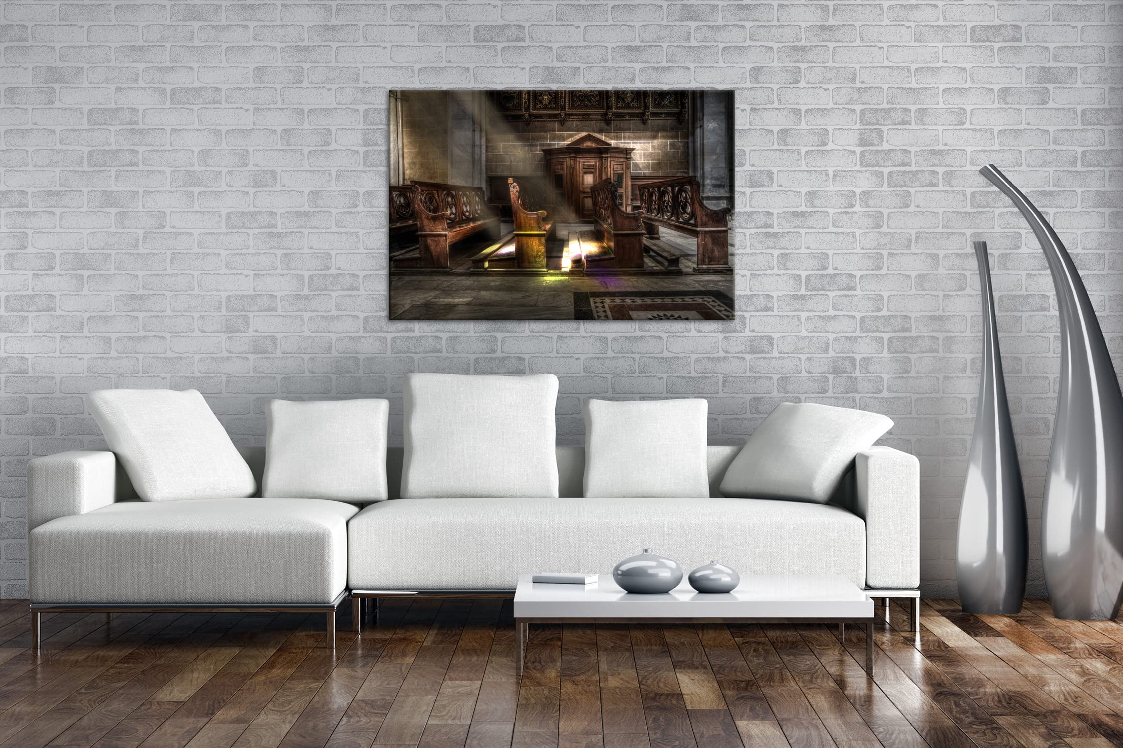deyoli Jasno oświetlona ławka kościelna, format: 75 x 50 cm jako obraz na płótnie, motyw oprawiony na ramie z prawdziwego drewna, wysokiej jakości druk cyfrowy z ramą
