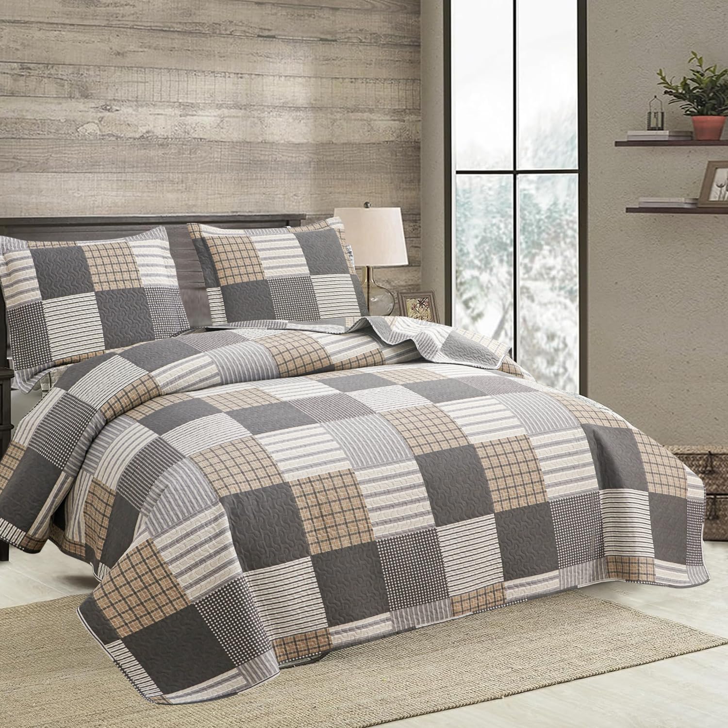 Ycosy Plaid Quilt Set Queen Size Lightweight Bedspread Set Grey Brown White Patchwork Quilts Reversible Coverlet with 2 Pillow Shams Soft Microfibers for All Season