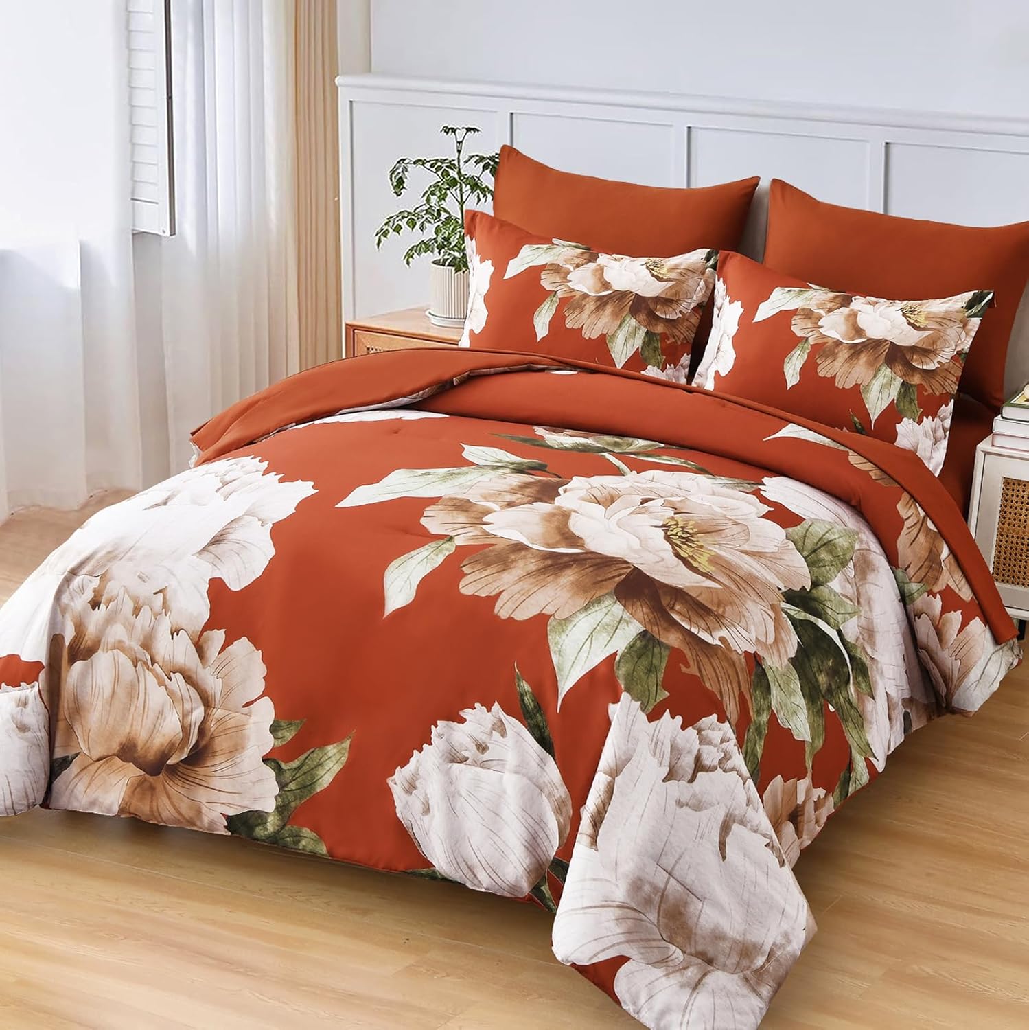 Dobuyly Burnt Orange Comforter Set King Size 7 Piece Bed in a Bag, Floral Printed on Terracotta Comforter Set with Sheets, Soft Microfiber Botanical Fall Bedding Set for All Season - Image 2