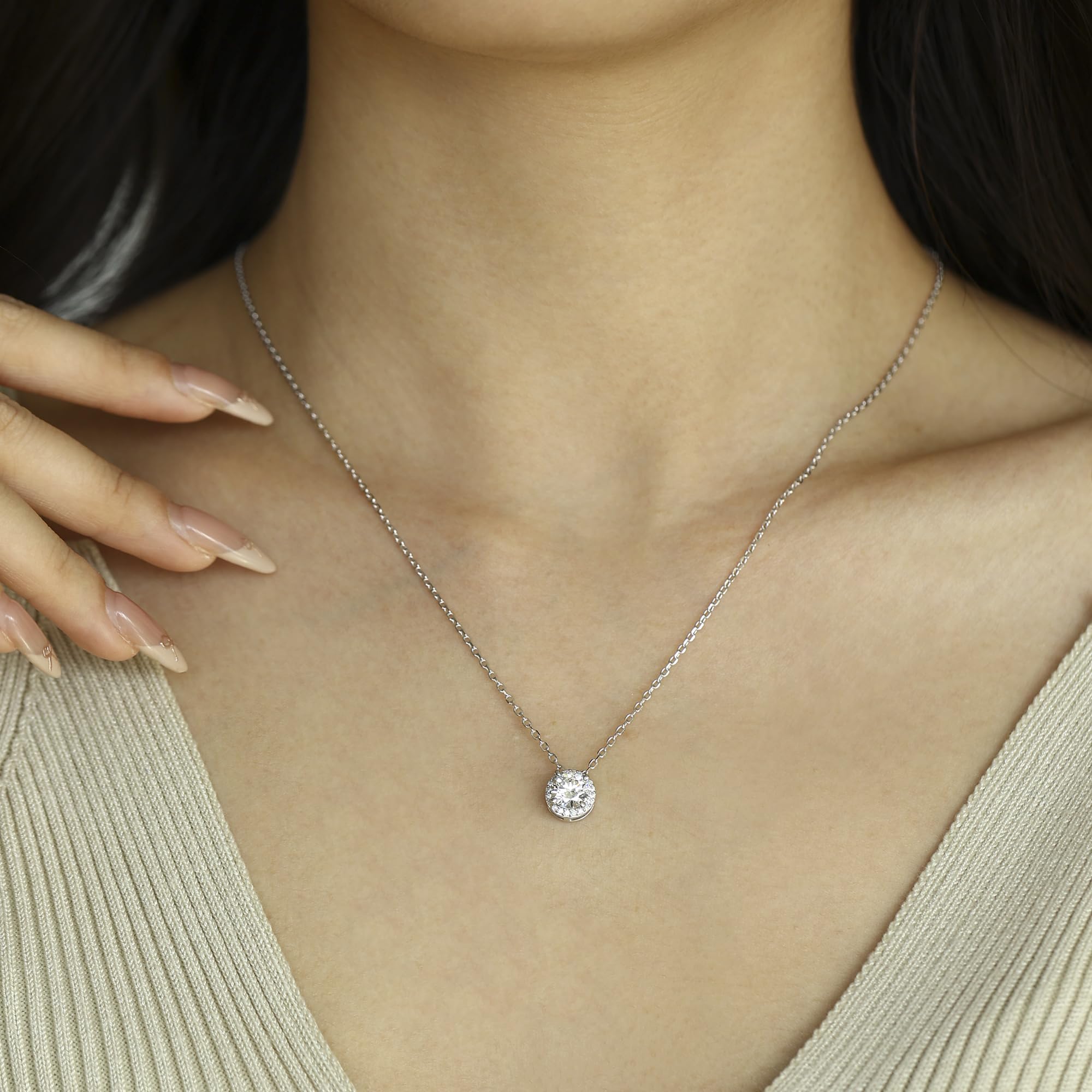 FANCIME Lab-Grown Diamant Halo Anhänger Kette, Farben D-E, Reinheit VS Diamant 925 Sterling Silber Halskette Geschenke Schmuck für Damen Sie, Kettenlänge: 40+5 cm