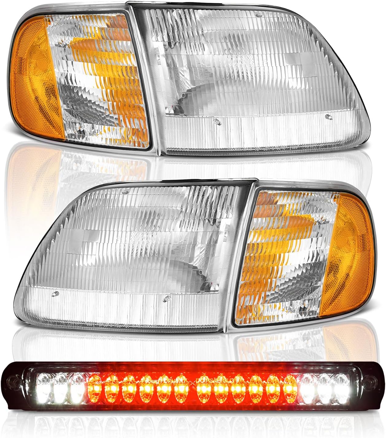 WEELMOTO Headlights Assembly for 1997-2003 F150 / 1997-2002 Ford Expedition / 1998-1999 F250 Selected Models, Replacement Headlamp+Corner Parking Turn Signal Marker Light with Led 3rd Brake Light