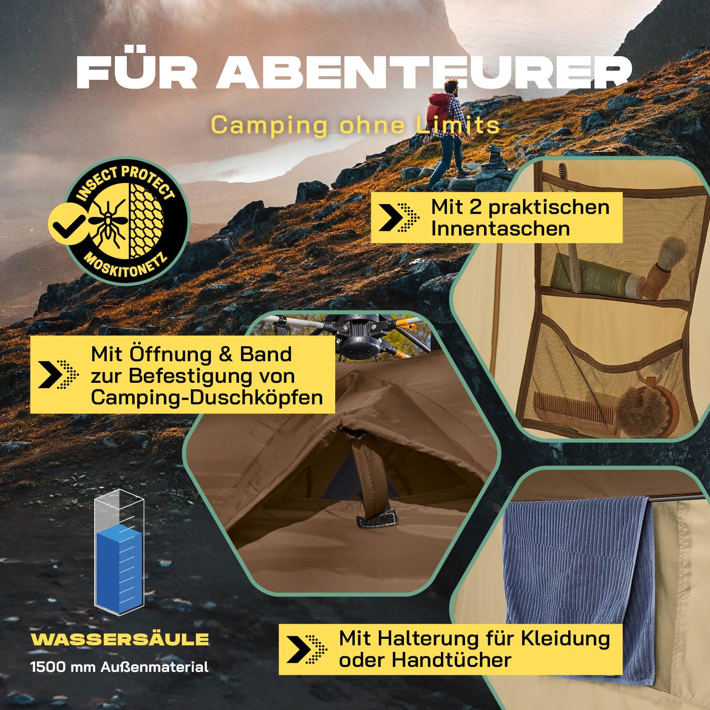 LUMALAND Tente de Douche de qualité supérieure + Douche de Camping avec Batterie - Idéal pour Le Camping, Les Festivals et la pêche - Imperméable et Coupe-Vent - Tente de Toilette pour l'intérieur et