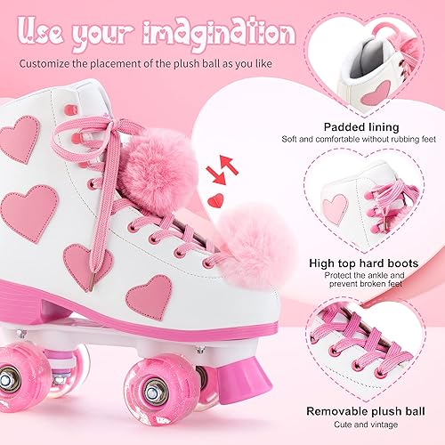 Miniatura 27 de Patines clásicos para mujeres y niñas con ruedas iluminadas y patrón de corazón de amor, patines de piel sintética de alta calidad Negro