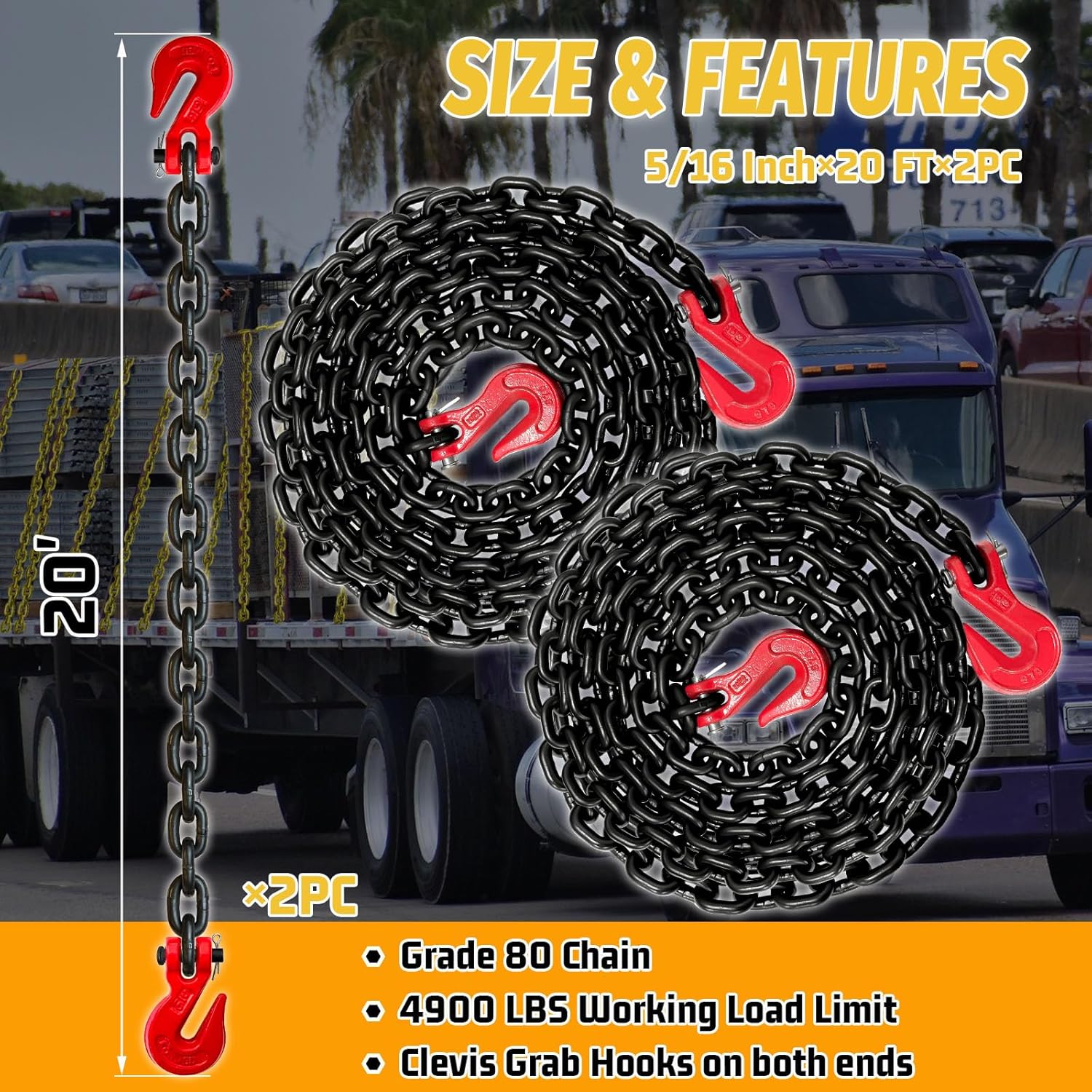 2 Pack G80 Transport Binder Chain with 20 Foot,Tow Chains with 5/16 Inch Safety Clevis Snap Hooks Heavy Duty 4900 Lbs Break Strength,Tie Down Trailer Safety Chain Extension (Oiled Black)