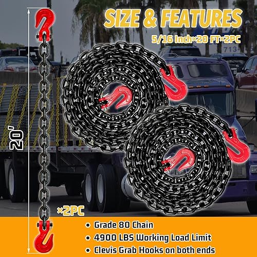 Miniatura 82 de Cadena de transporte de 3/8 pulgadas, cadena de remolque G80 con ganchos de seguridad y agarre G70 Carga de trabajo de 7100 libras Cadena