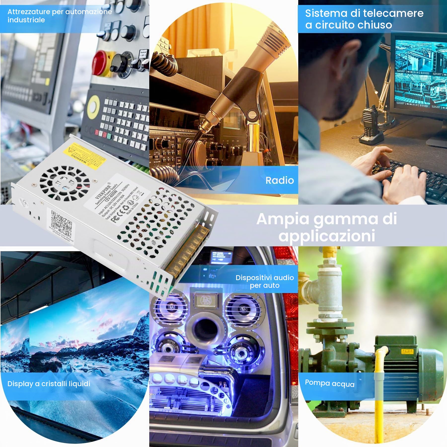 DC 12V 50A 600W Alimentatore Trasformatore 220V AC a DC 12V Convertitore 50A 600W Alimentatore Adattatore per 12Volt Pompa CCTV Telecamera Sicurezza Auto Stereo Stampante