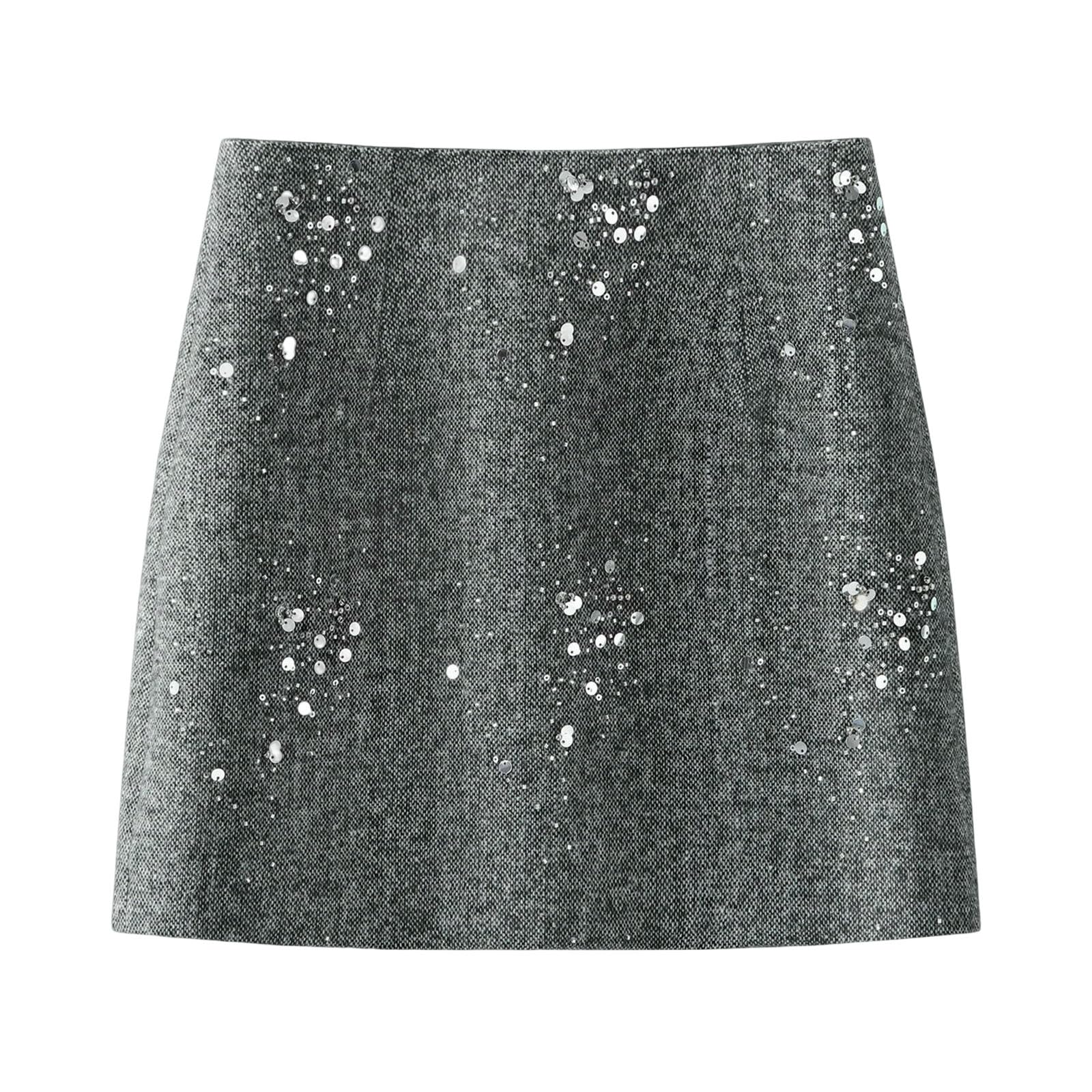 Rock Damen-Minirock, Pailletten, Hohe Taille, Lässig, Kurze Röcke, Damenkleidung, Büro, Damenmode, Party, Faldas, Braun-grau-l
