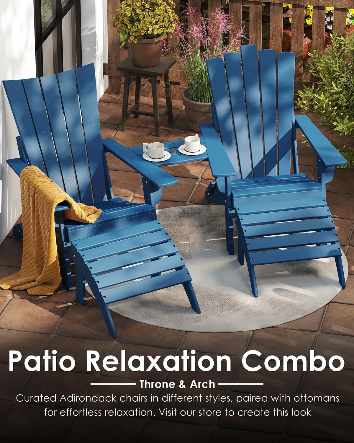 GREENVINES Folding-Adirondack-Chairs-Set-of-2 | HDPE Plastic | Arch Series | Fire Pit Chair | with Connecting Tray | Removable Table | All Weather | for Outdoor Patio Deck Poolside | Blue