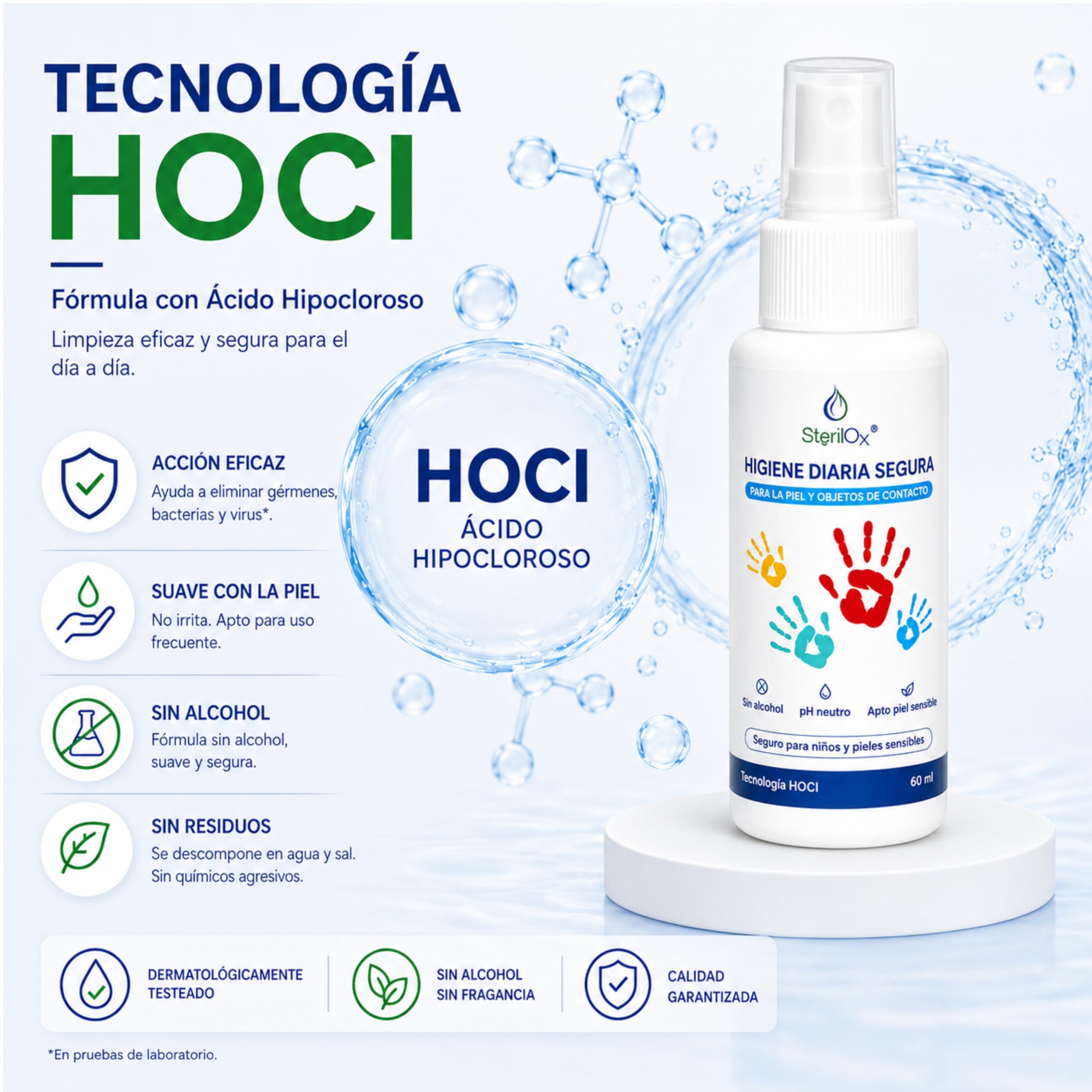 60 ml - spray cosmético antiseptico - para manos, juguetes, platos, objetos/seguro para niños y mascotas/sin alcohol/sin perfume/con ácido hipocloroso (HOCl)