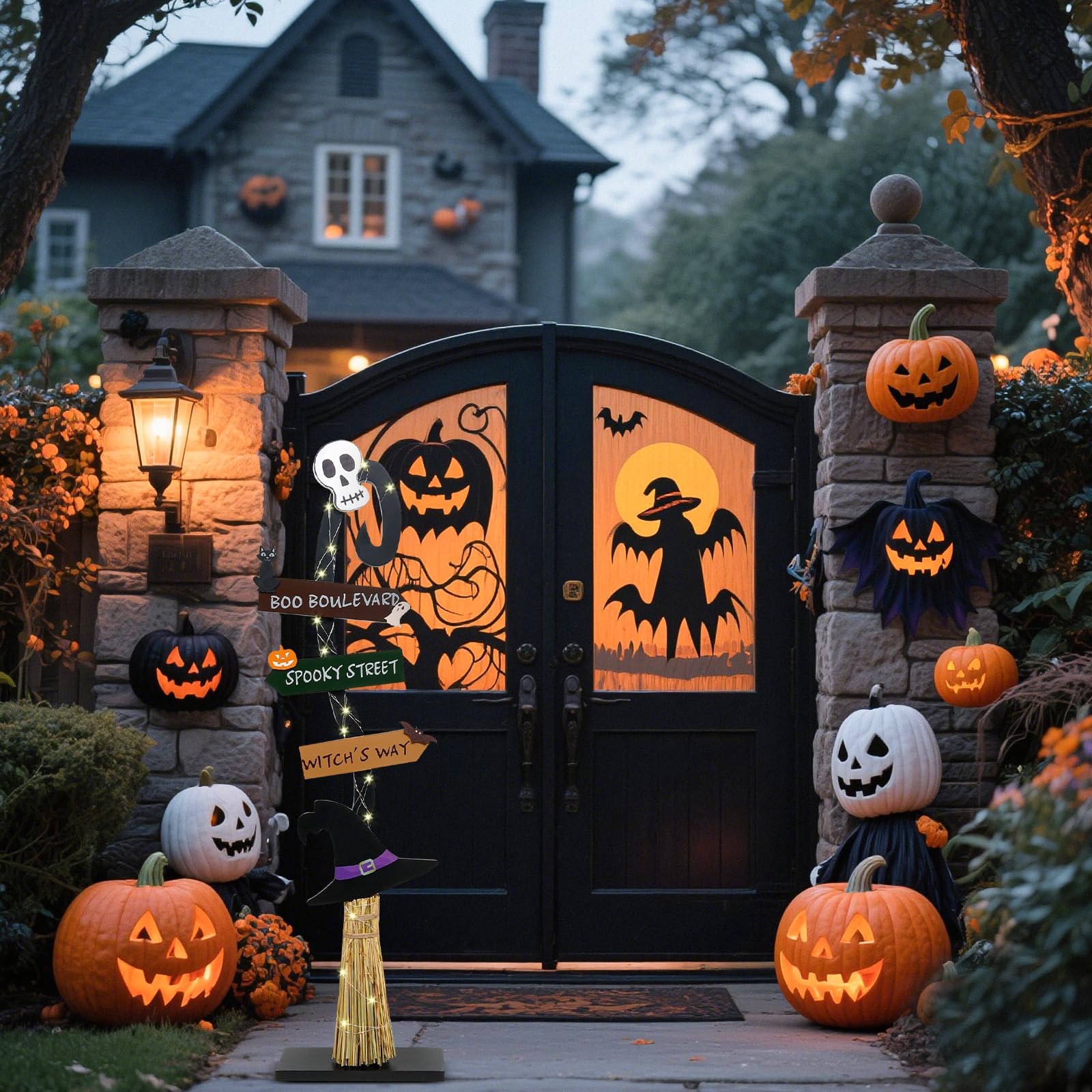 Decorazioni di Halloween | Scopa da strega in legno illuminato | Spooky Light Up Halloween Decor Witch Portico Cartello in piedi per interni ed esterni