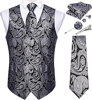 DiBanGu Mens Vest and Tie Set Formal Paisley Waistcoat and Necktie Pocket Square Cufflinks Silk Suit Vest for Tuxedo Wedding