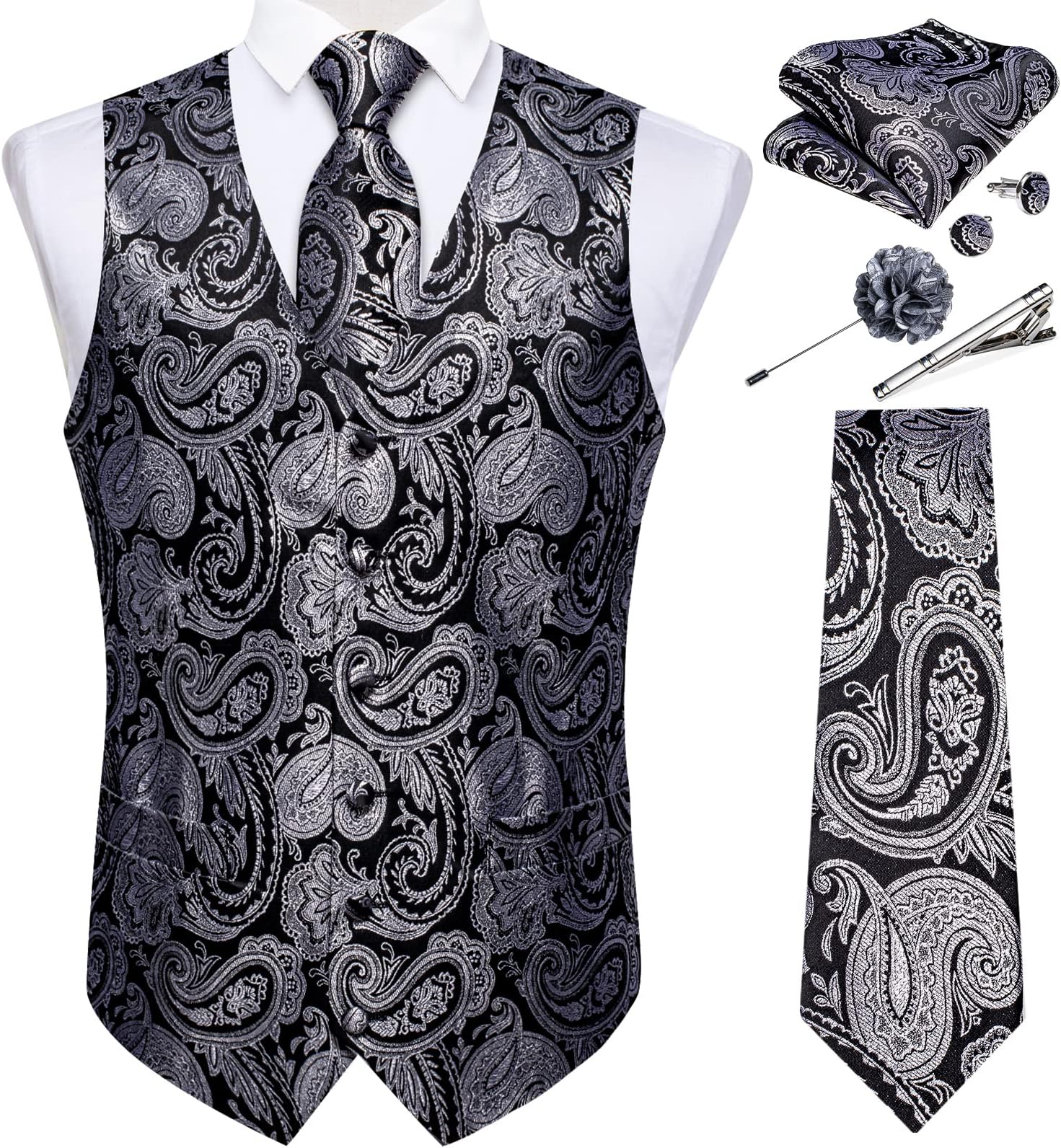 DiBanGu Mens Vest and Tie Set Formal Paisley Waistcoat and Necktie Pocket Square Cufflinks Silk Suit Vest for Tuxedo Wedding