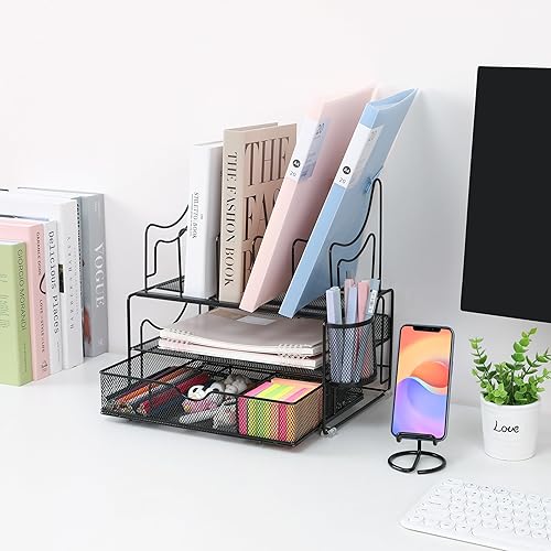 Miniatura 3 de Organizador de archivos de escritorio con cajón deslizante, organizador de escritorio de oficina de 3 niveles, lindo organizador de bandeja de papel