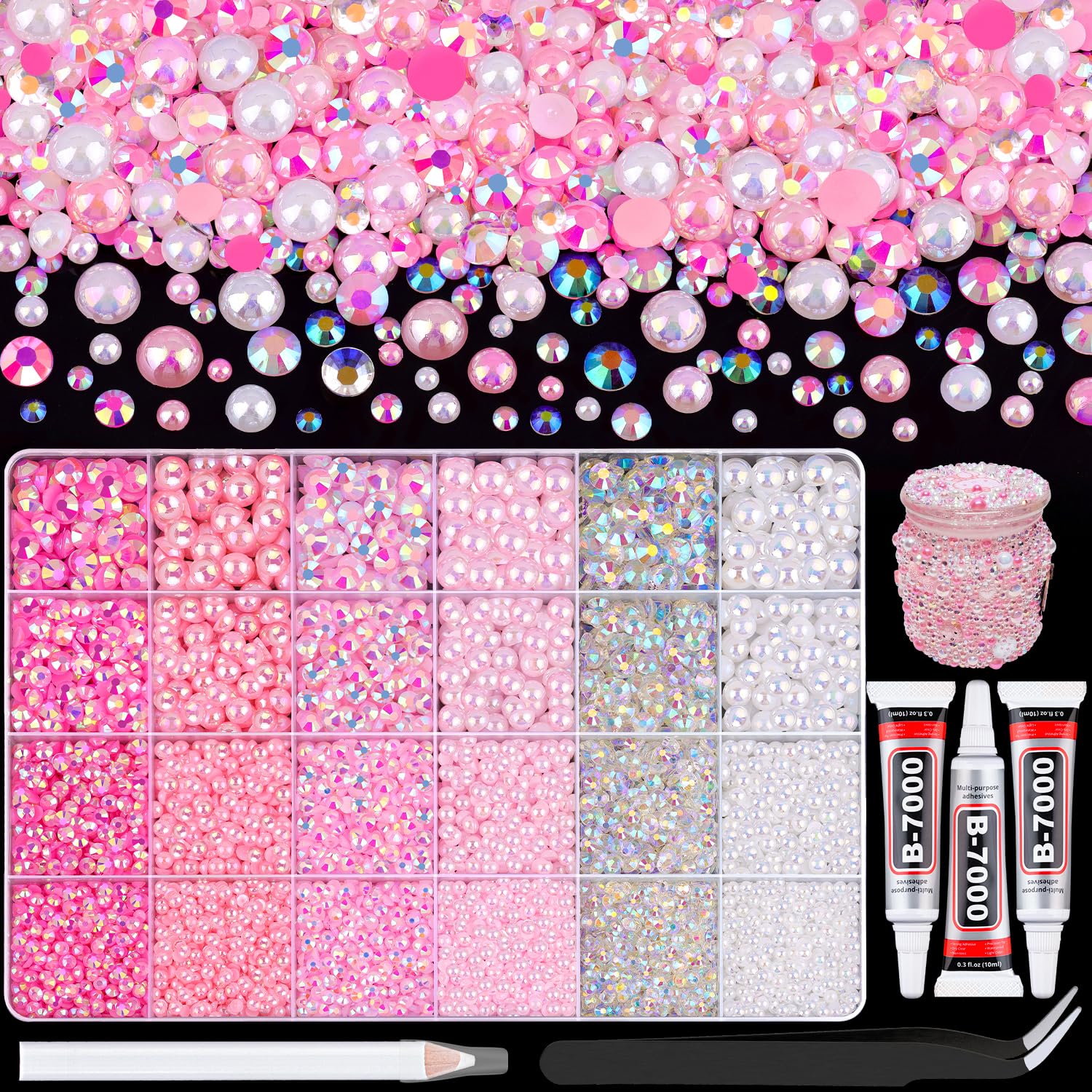 14000Pcs Flatback Pearls and Rhinestones for Bedazzling Kits with Glue