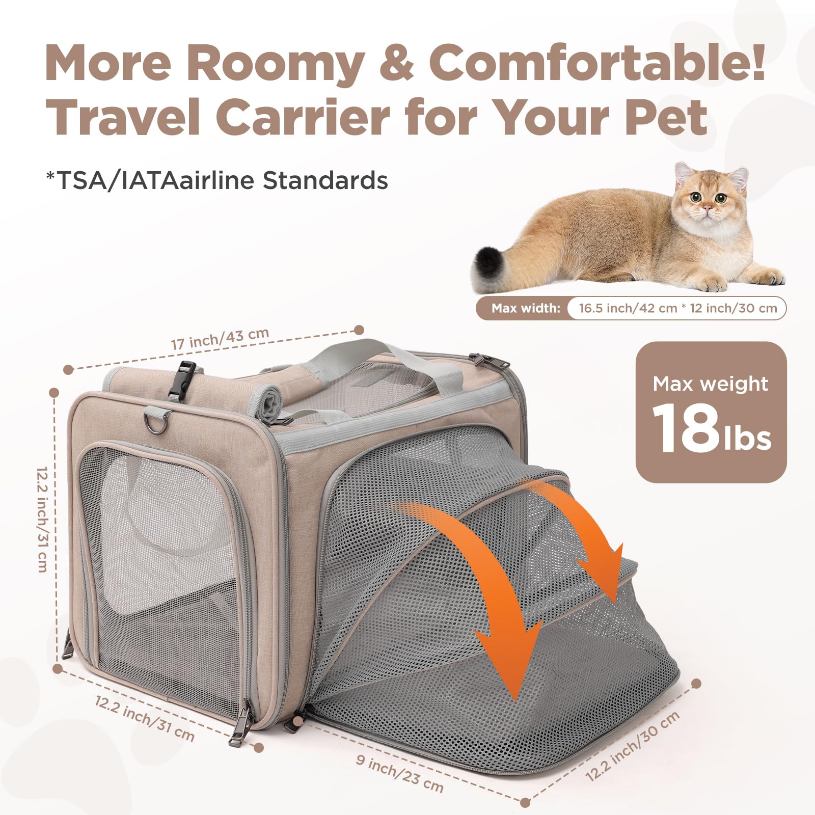 Small Dogs Carrier Airline Approved Soft Cat Carriers Stylish Expandable Pets Carriers Puppies Kitties Cage,Ventilated,Rabbit Bunny Small Animals Travel Outdoor Khaki Color - image 2