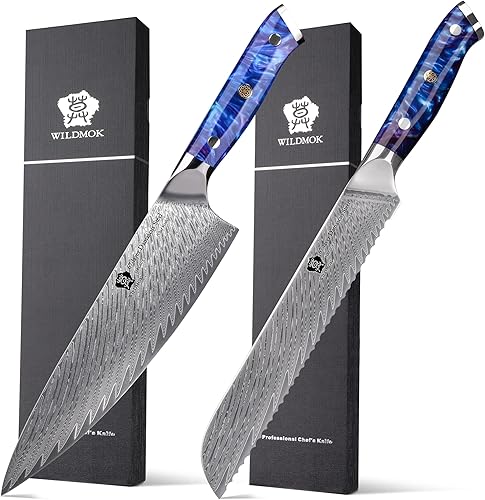 WILDMOK Cuchillo de chef y cuchillo de pan, cuchillo de chef japonés de Damasco de 8 pulgadas, cuchillo de pan dentado de 8 pulgadas