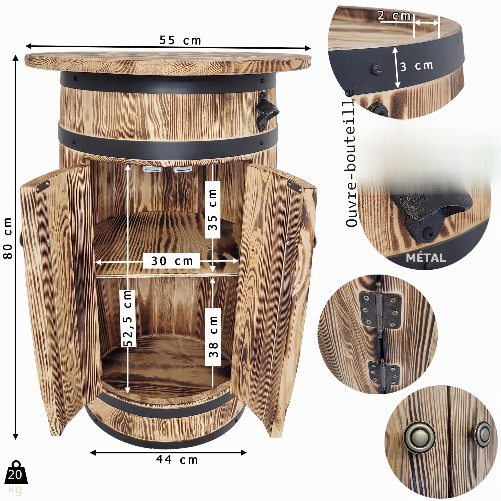 weeco Baril en bois avec étagères et portes pour ranger l'alcool - Meuble de bar avec grande surface de rangement pour 30 à 40 bouteilles - Casier à vin - 80 x 55 x 44 cm - Marron clair