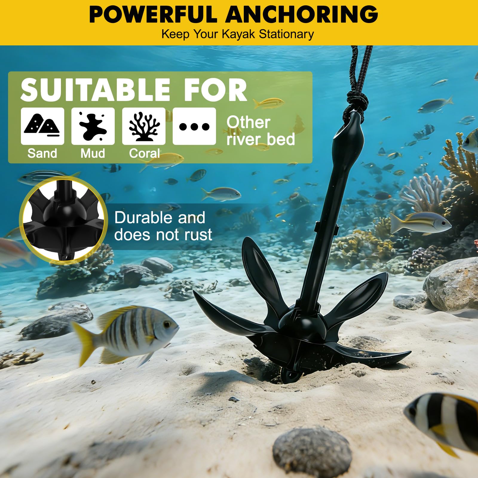 Ancoraggio pieghevole per barche, 1,59 kg, set di ancoraggi pieghevoli con corda di ancoraggio da 12 m, per gonfiabile, barca, SUP, paddle