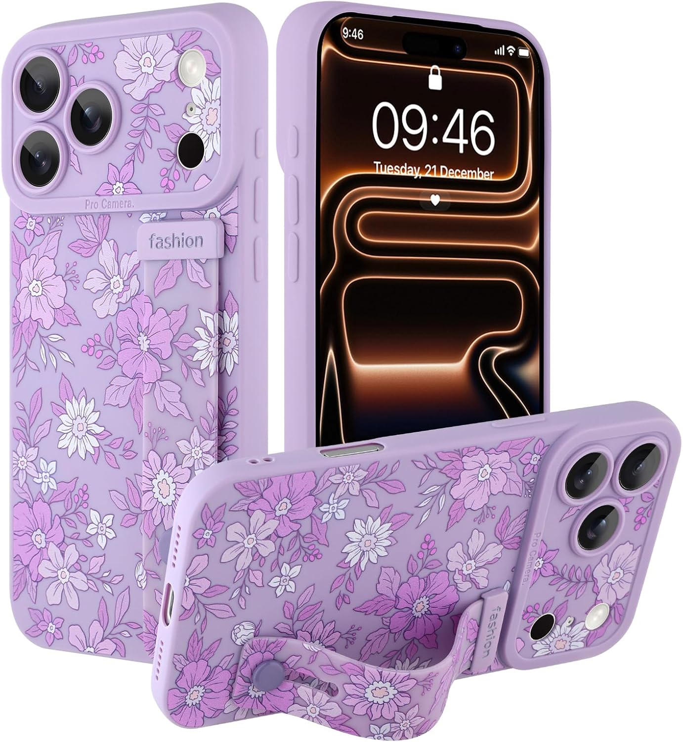 Compatible with iPhone 17 Pro Max Case with Strap, Cute Floral Design for Women Girls, Soft TPU Silicone Protective Case, Adjustable Wristband Kickstand Raised Camera Protection Cover, Purple