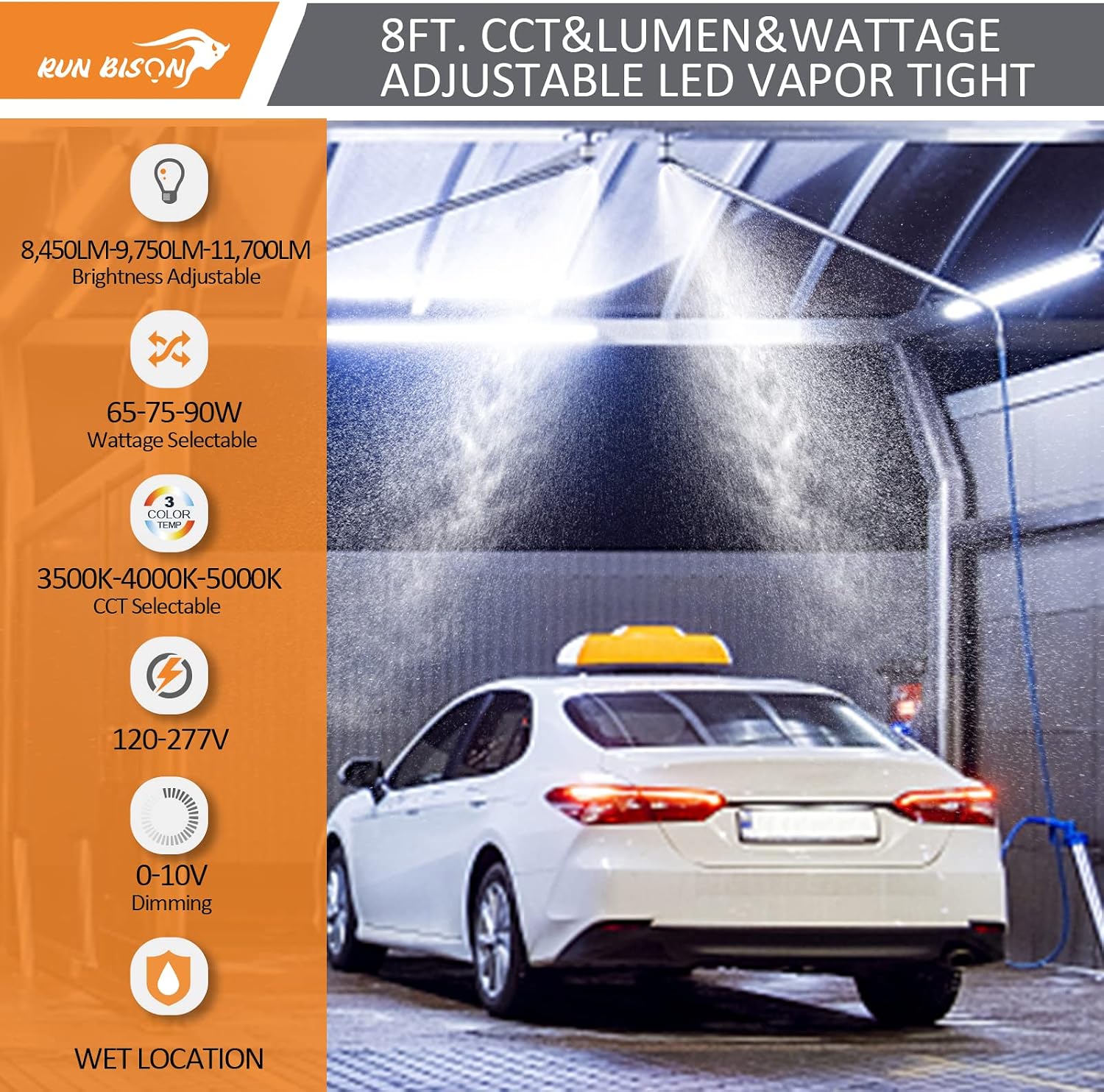 8FT LED Vapor Tight Light 8450LM-9750LM-11700LM Tunable, 3500K/4000K/5000K CCT Selectable, 130LM/W, 0-10V Dimmable Waterproof Parking Garage Light Fixture UL Listed - 4PK