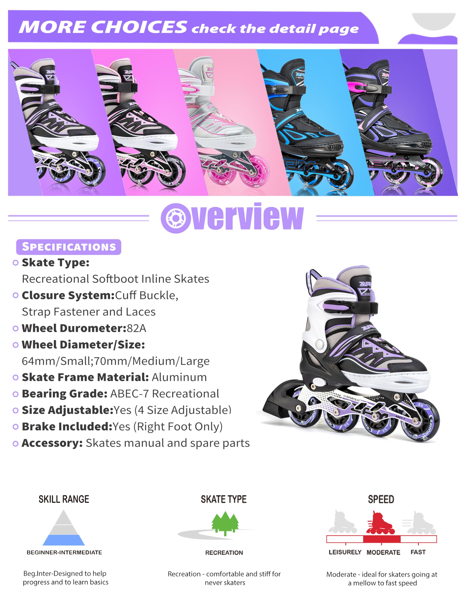 2PM SPORTS Cytia Rosa/Violett größenverstellbare Inliner Kinder mit leuchtenden LED Rollen, lustige blinkende Anfänger Mädchen Inline Skates mit Einstellbarer für Damen und Herren