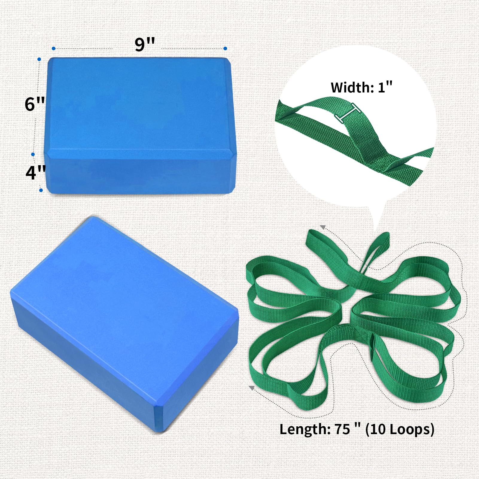 Yoga Blocks and Yoga Straps Set, 2 Large Foam Blocks 9×6×4 inches& 2 Stretching Straps, Non-Slip Surface for Meditation, Balance, Pilates, Stretching and Deep Poses (Blue)
