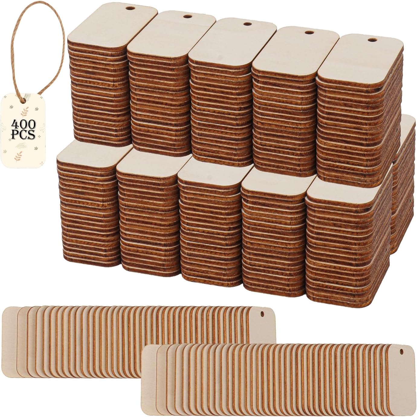 400 Pack Unfinished Wooden Tags, Hanging Wood Cutouts, Wooden Hanging Tag, Rectangle Wood Pieces for Crafts, Wedding Planning, Home Decoration (2 x 1.3 x 0.08 Inch)