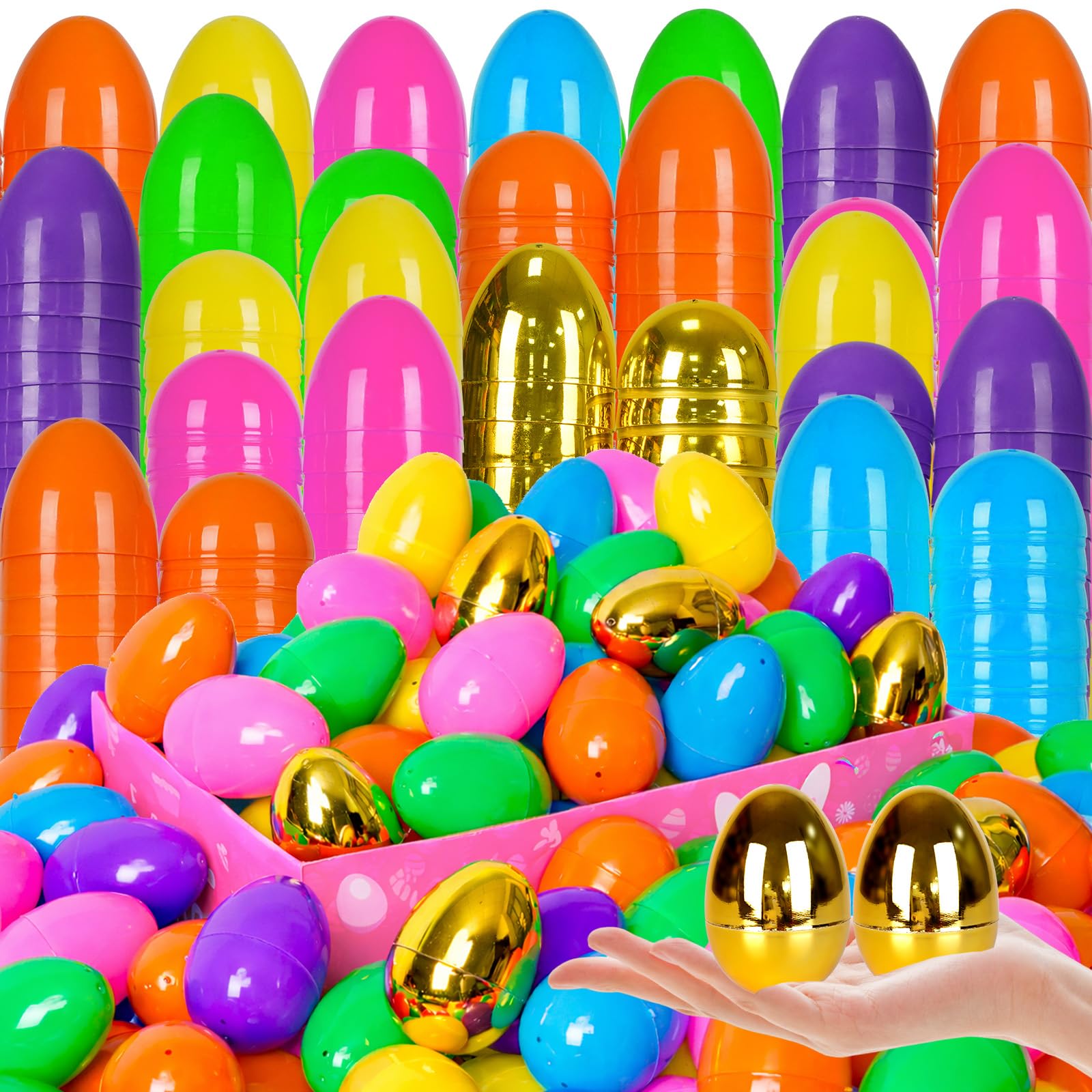 PIONJOY [12 Golden Eggs] 1000 PCS 2.4" Fillable Plastic Easter Eggs Empty Easter Eggs Colorful Plastic Eggs Bulks for Kids Teens Boys Girls Easter