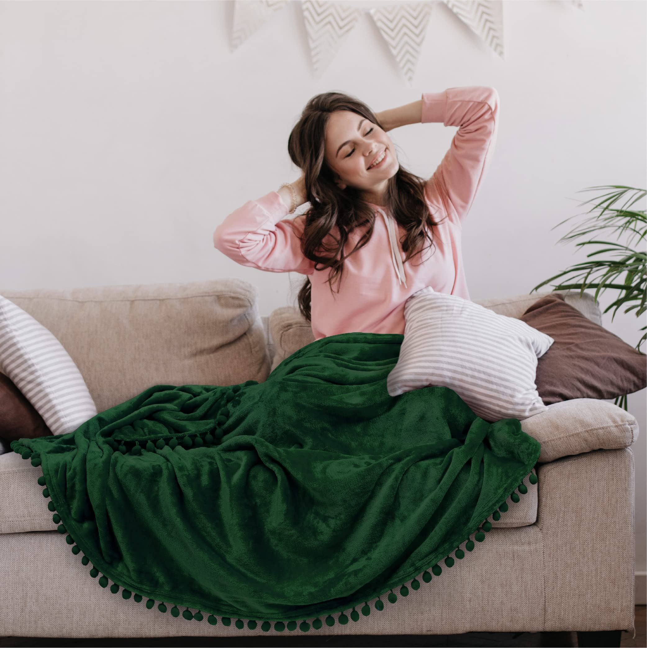 Pavilia Fleece Throw Blanket With Pom Pom Fringe Emerald Green