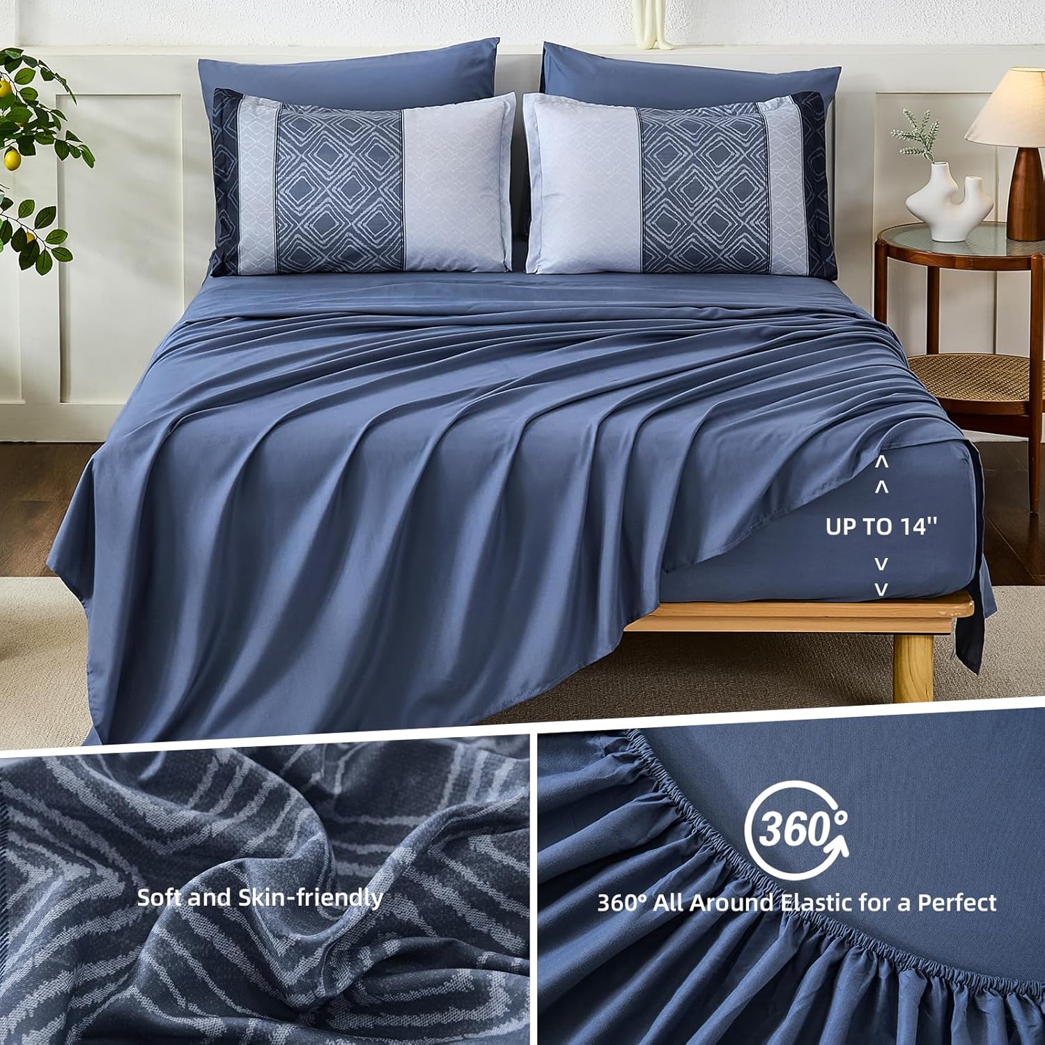 Dinjoy Blue King Size Comforter Set,Striped Boho Bed in a Bag King 7 Pieces Soft Fall Bedding Comforters Microfiber Mineral Blue Complete Sets for All Season