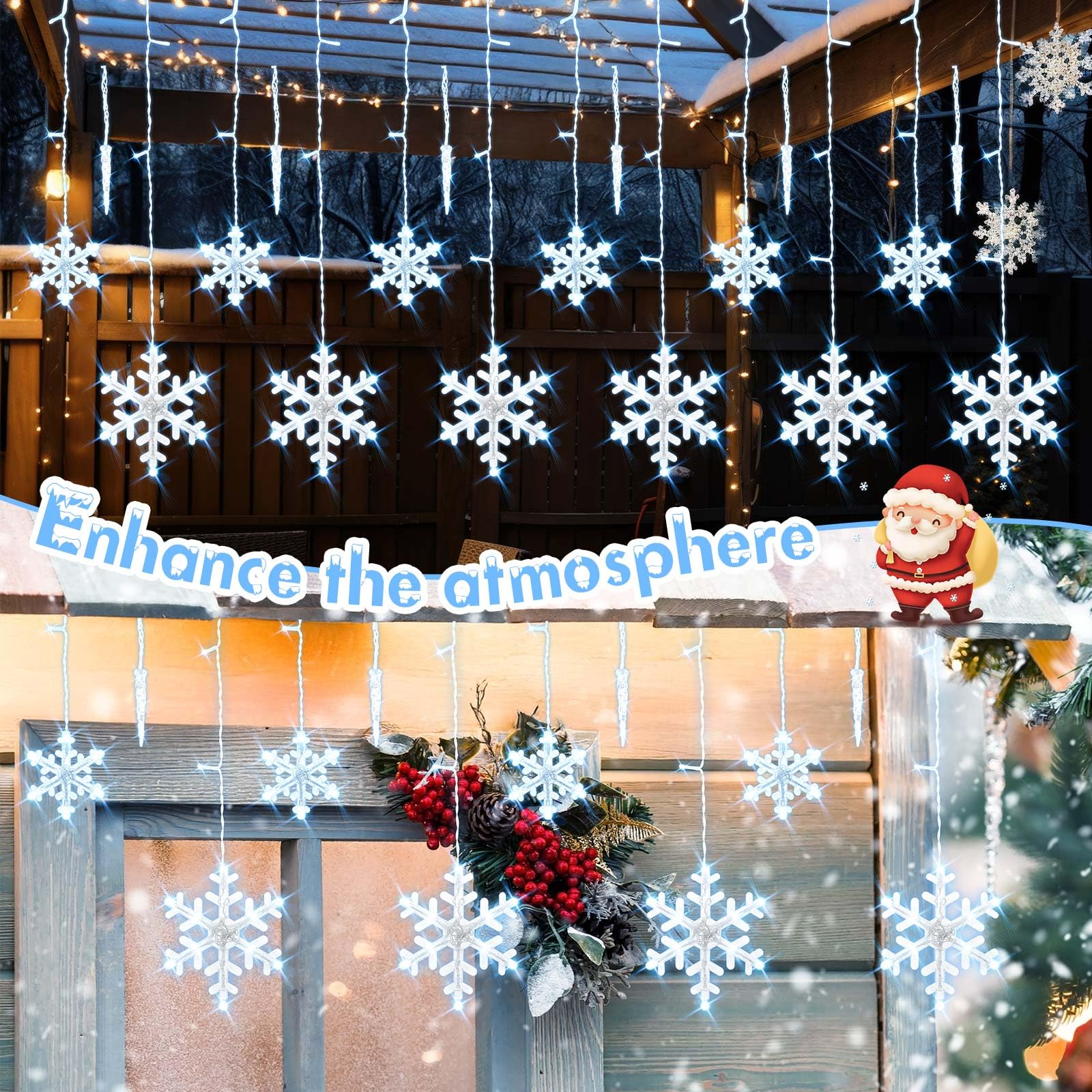 Glooglitter Rideau lumineux de Noël en forme de stalactites de 2,4 m, 129 LED pour extérieur, 19 gouttes, flocons de neige et stalactites pour jardin, cour, intérieur et extérieur