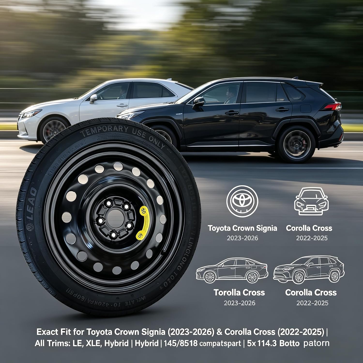 Spare Tire Kit Compatible with 2023-2026 Toyota Corolla Cross (Including Hybrid)| 145/85R18 Spare Wheel on 18x4 Rim 5x114.3 Bolt Pattern | Includes Car Jack Kit & Tire Carrying Case
