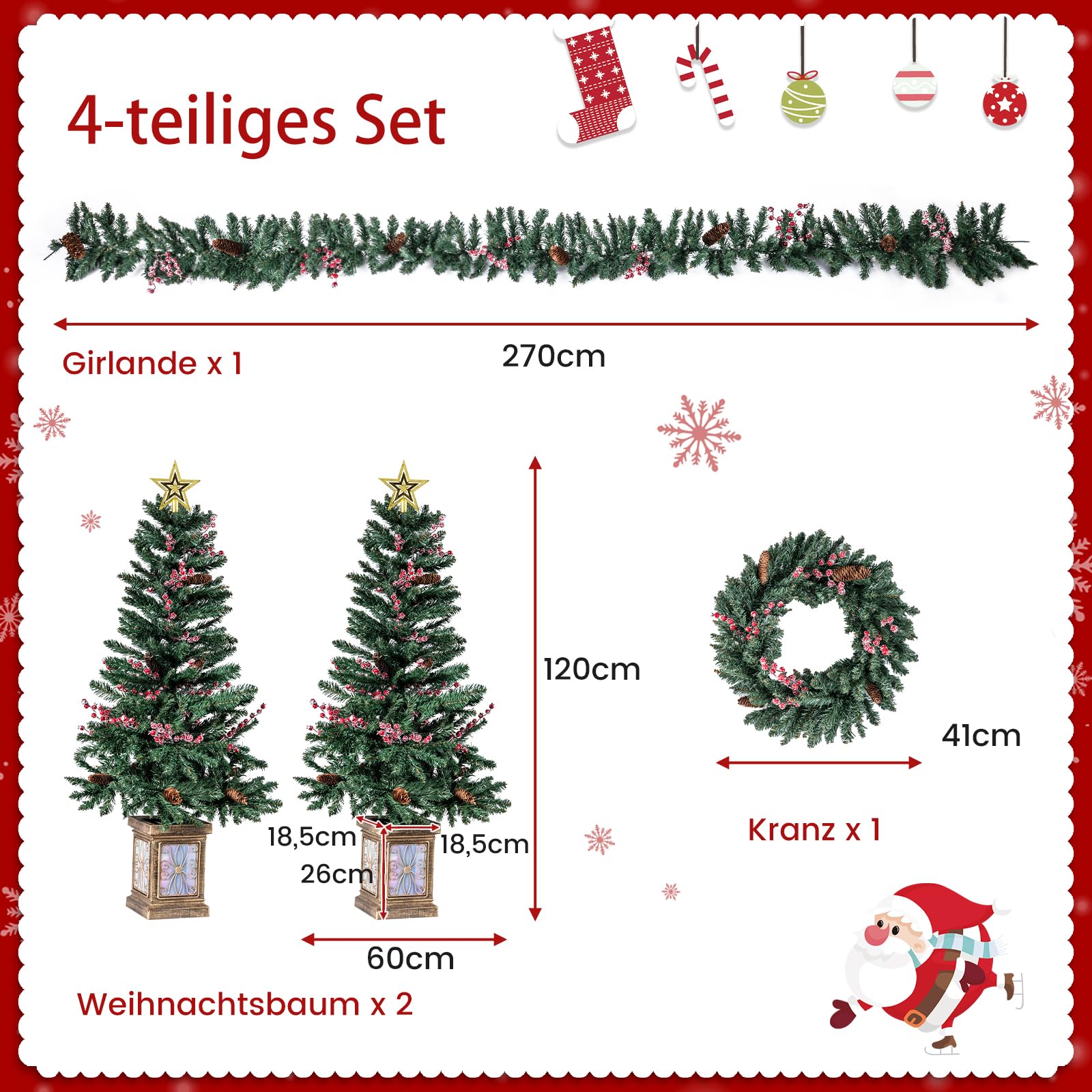 COSTWAY Sztuczna choinka w doniczce, zestaw 2 sztuk, 120 cm, mini choinka z girlandą bożonarodzeniową i wieńcem bożonarodzeniowym, choinka z szyszkami sosnowymi, mroźnymi czerwonymi jagodami i gwiazdą