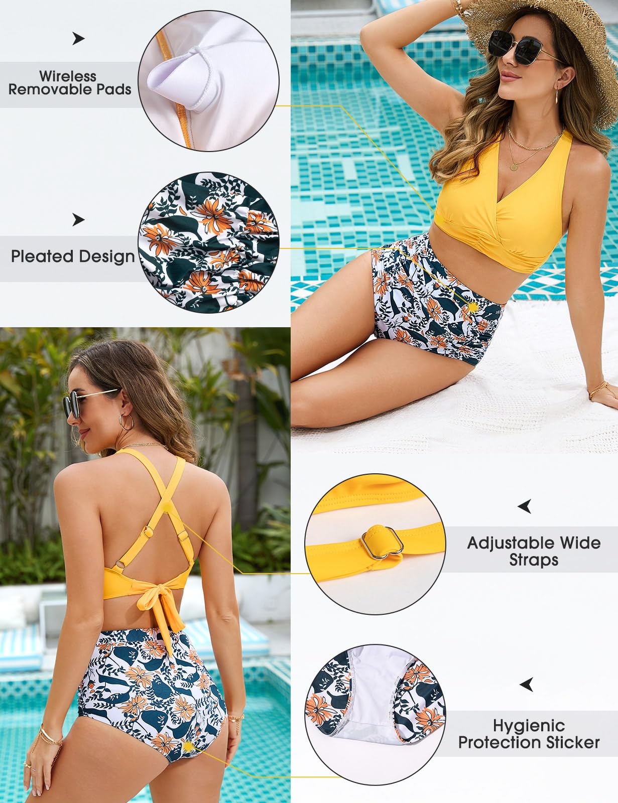 Voqeen Donna Costume da Bagno Vita Alta Push Up Imbottito Reggiseno Bikini Donna Due Pezzi Tummy Control Regolabile Costume da Bagno