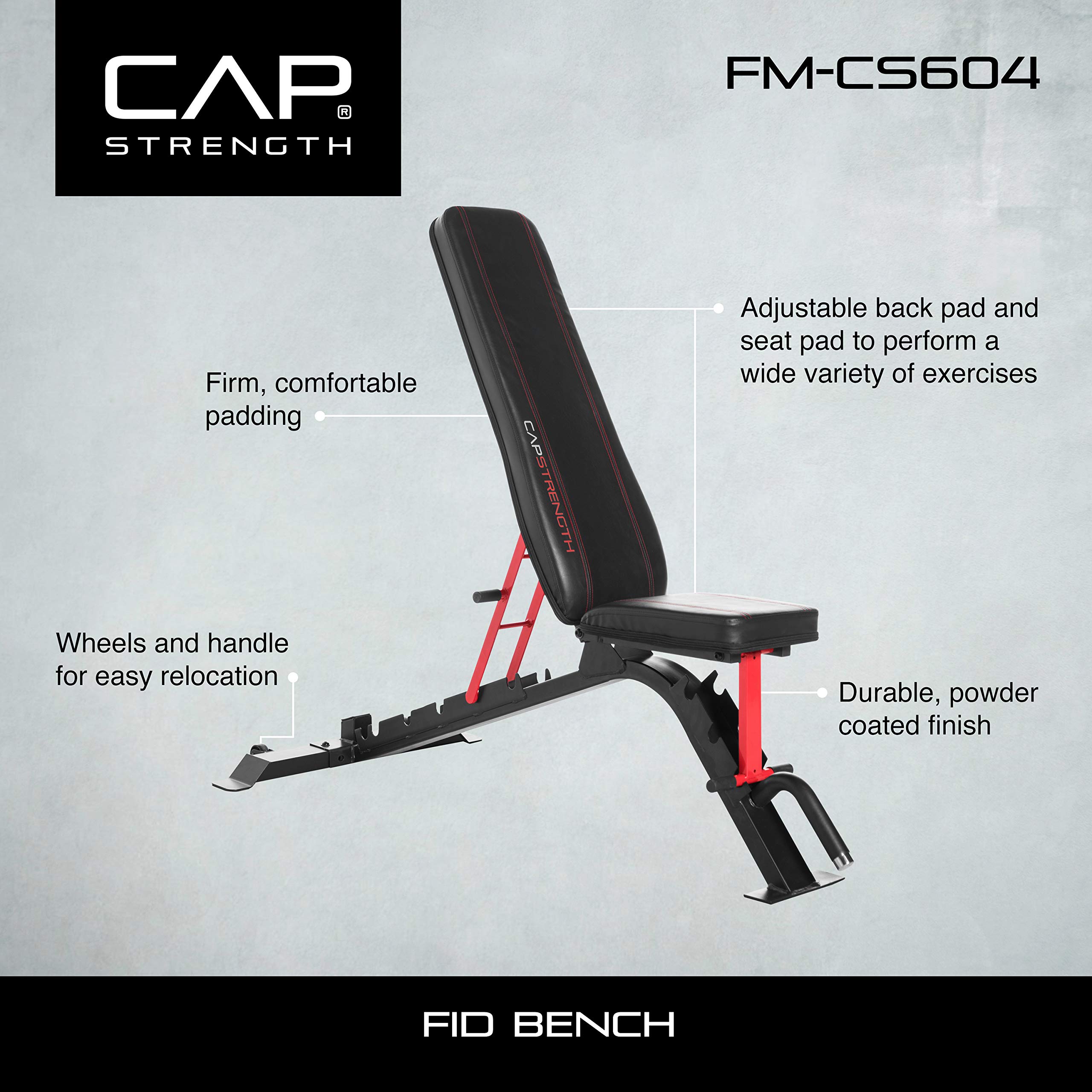 Barbell Strength FID Workout Bench | Flat Incline Decline Positions, Black/Red