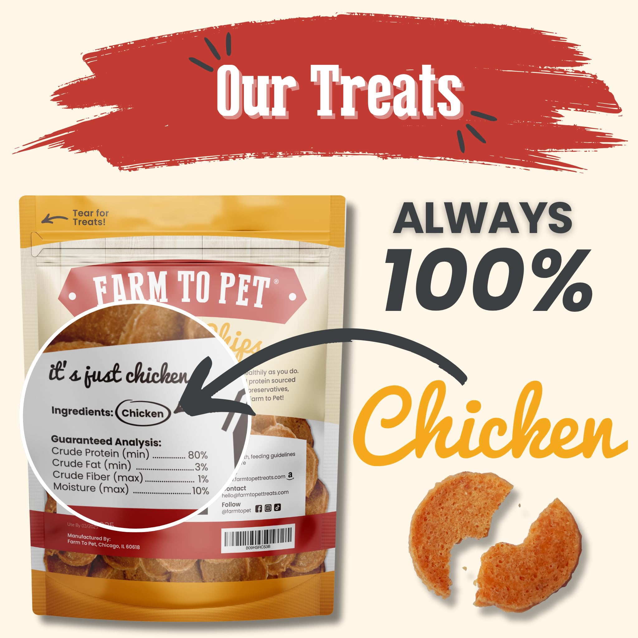 One Bark Foods LLC Farm To Pet Training Treats - Chips De Pollo, Ingrediente Único, Magro, Todo Natural, Golosinas Saludables para Perros Pequeños, Medianos, Grandes Y Cachorros, Hechos En EE. UU.