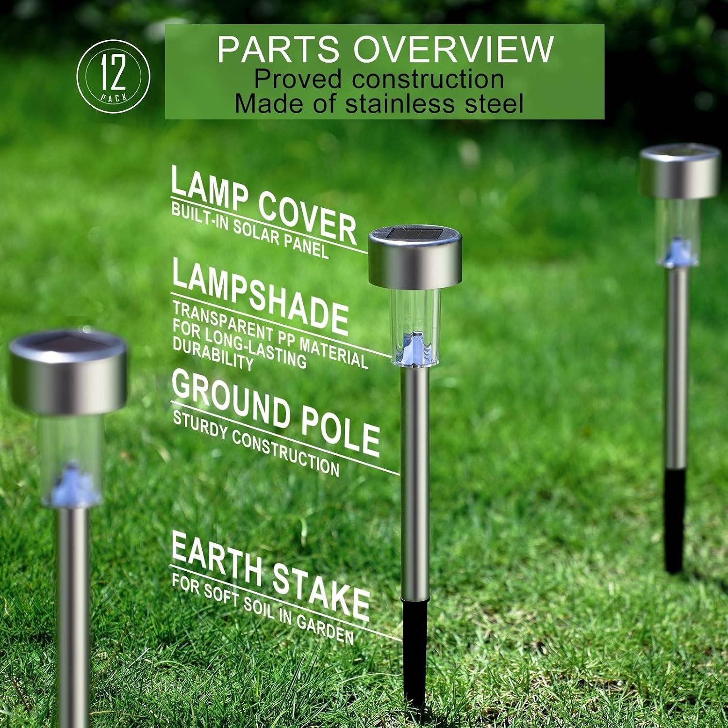 Dream Master Solar Lights Outdoor Waterproof, Stainless Steel LED Landscape Lighting, Solar Garden Lights, Outdoor Christmas Decorations for Yard, Pathway, Walkway, Patio, Lawn - 12Pack(Warm White)
